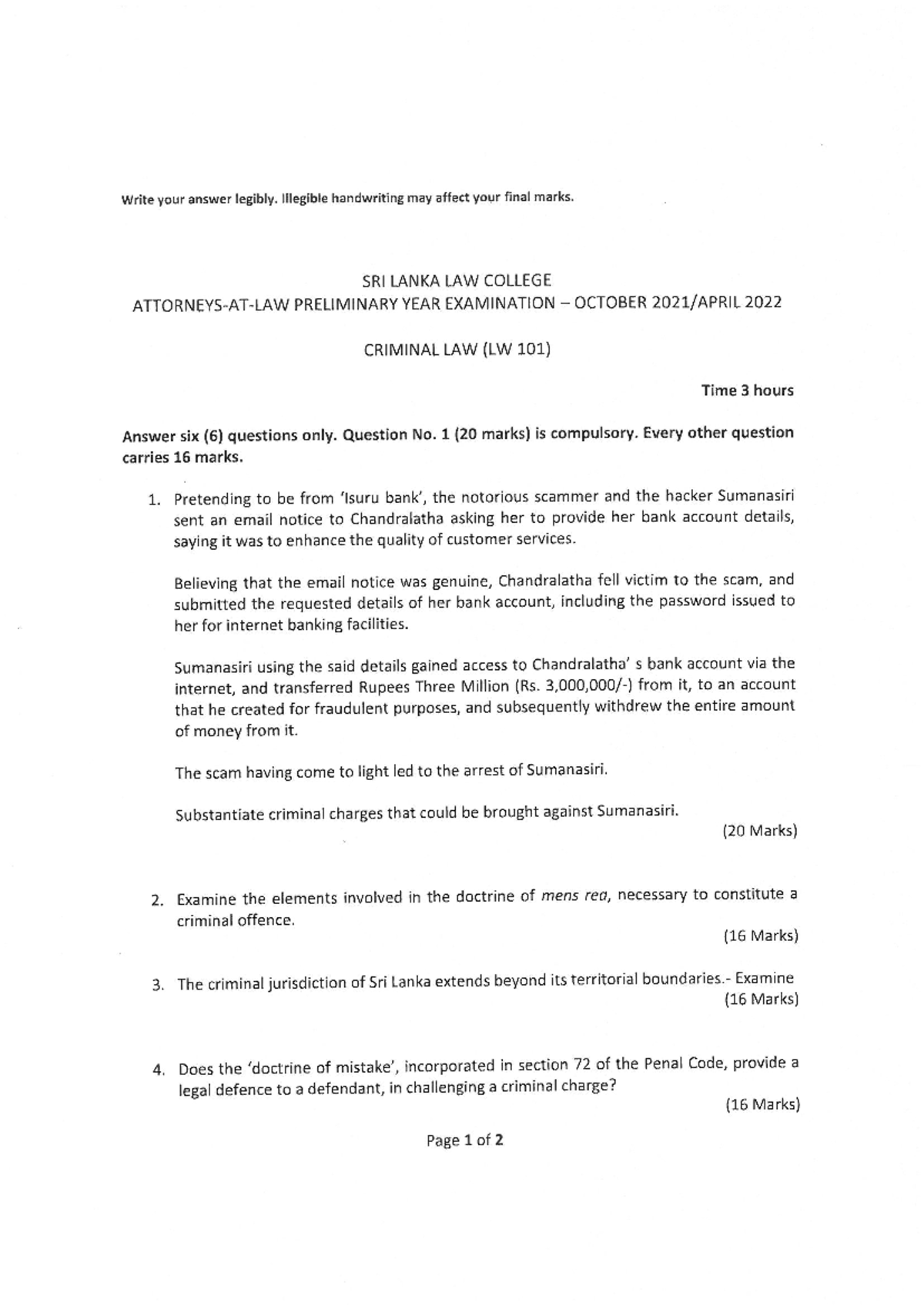 Criminal Law October 2021 All 3 Mediums - Write your answer legibly ...