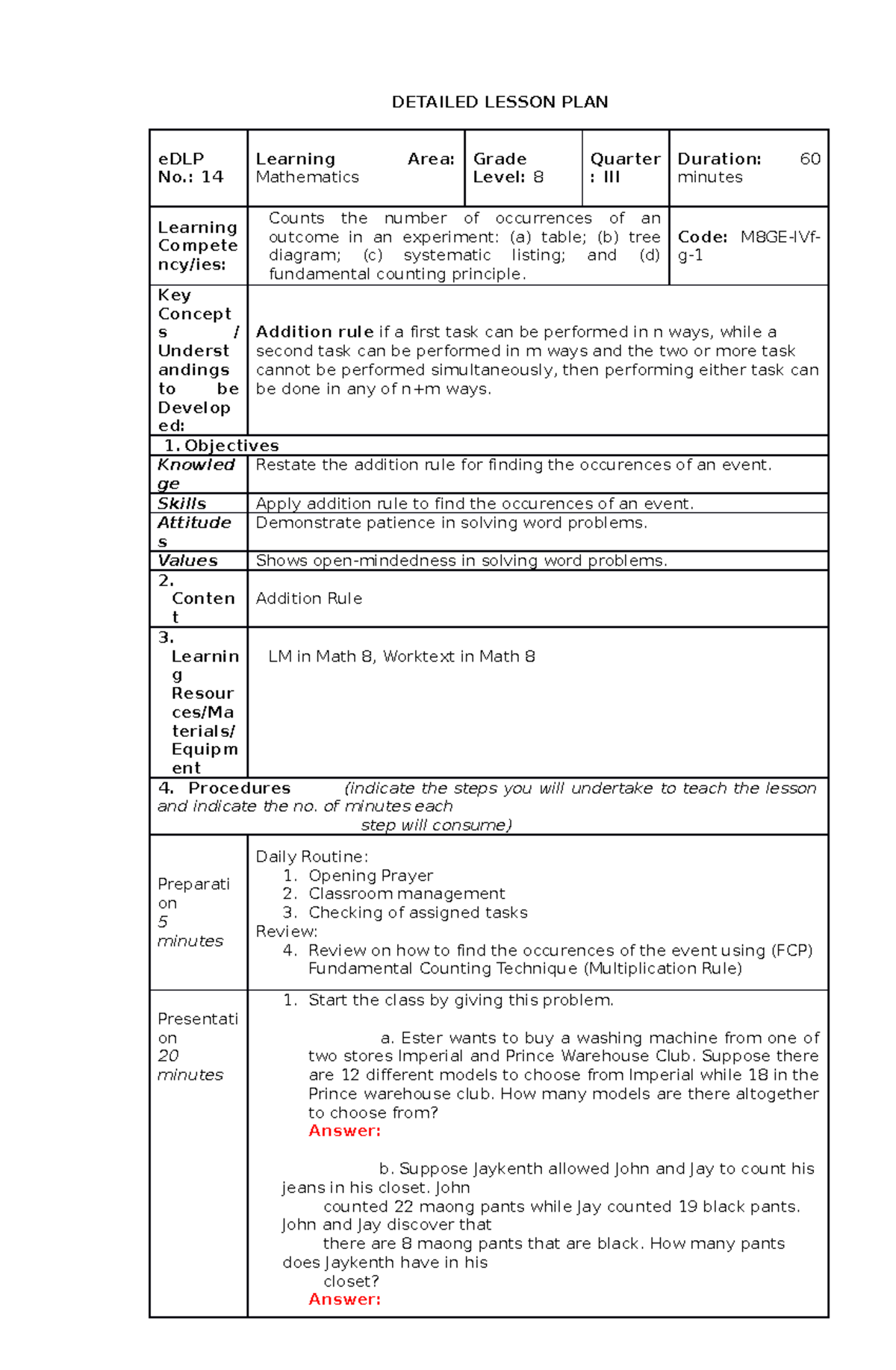 Dlp14 Math8q4 - DLP MAPEH 8 - DETAILED LESSON PLAN EDLP No.: 14 ...