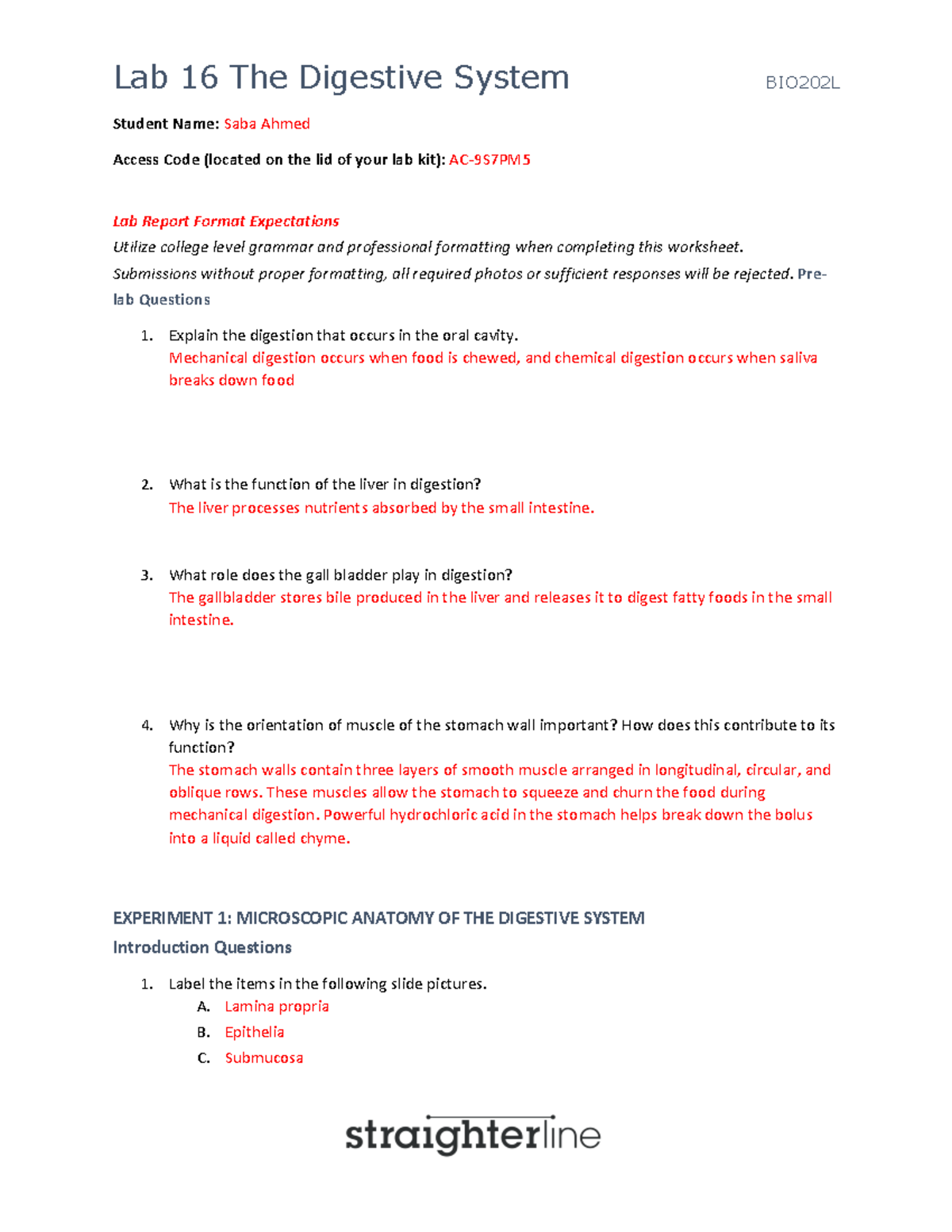 Lab 16 - n/a - Student Name: Saba Ahmed Access Code (located on the lid ...