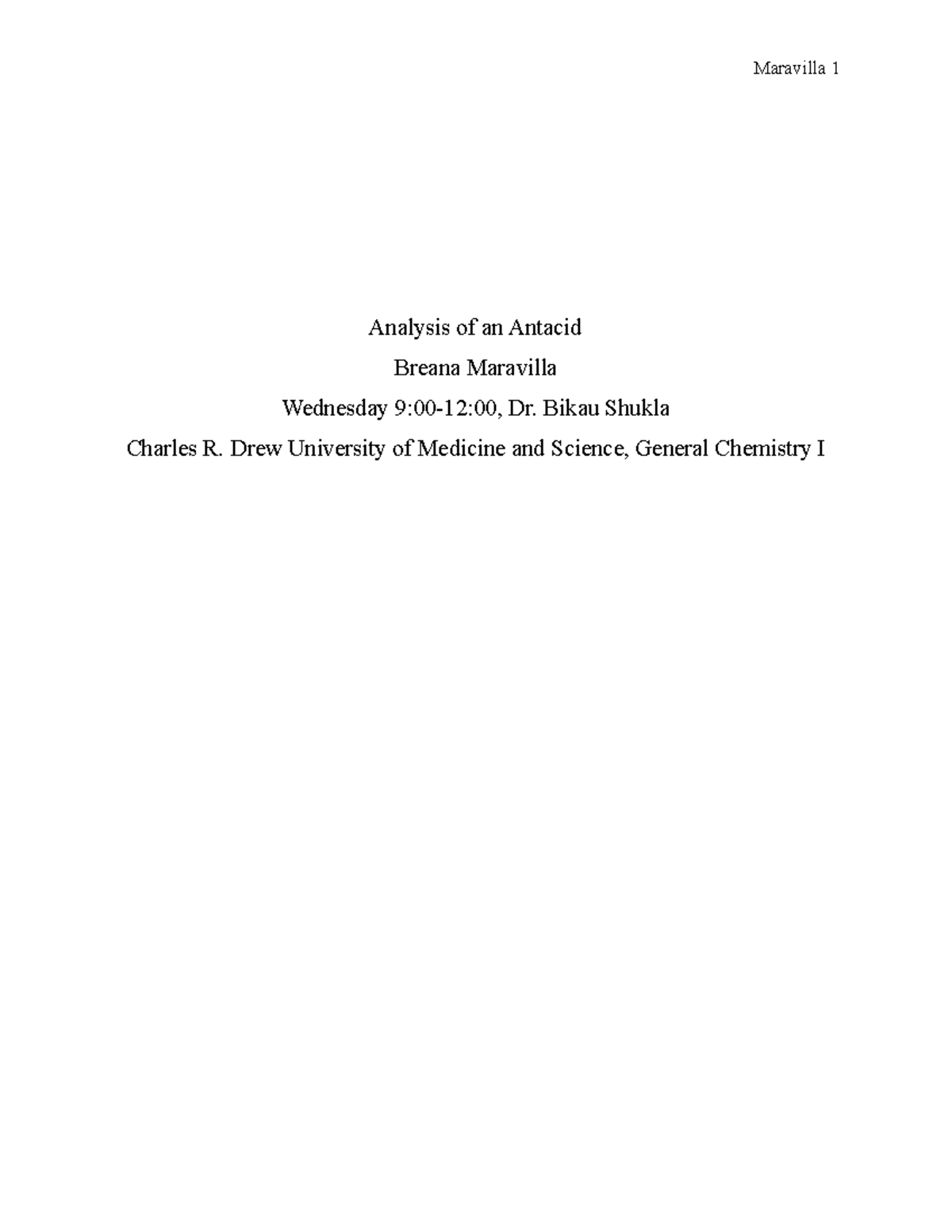 Analysis of an Antacid Gen Chem Lab Report 9 Breana Maravilla