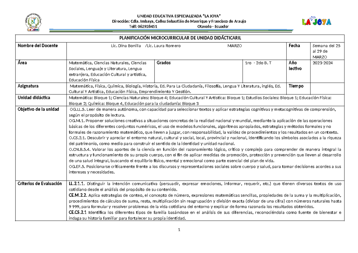 Planificacion DEl 25 AL 29 DE Marzo++ - Dirección: Cdla. Imbaya, Calles ...