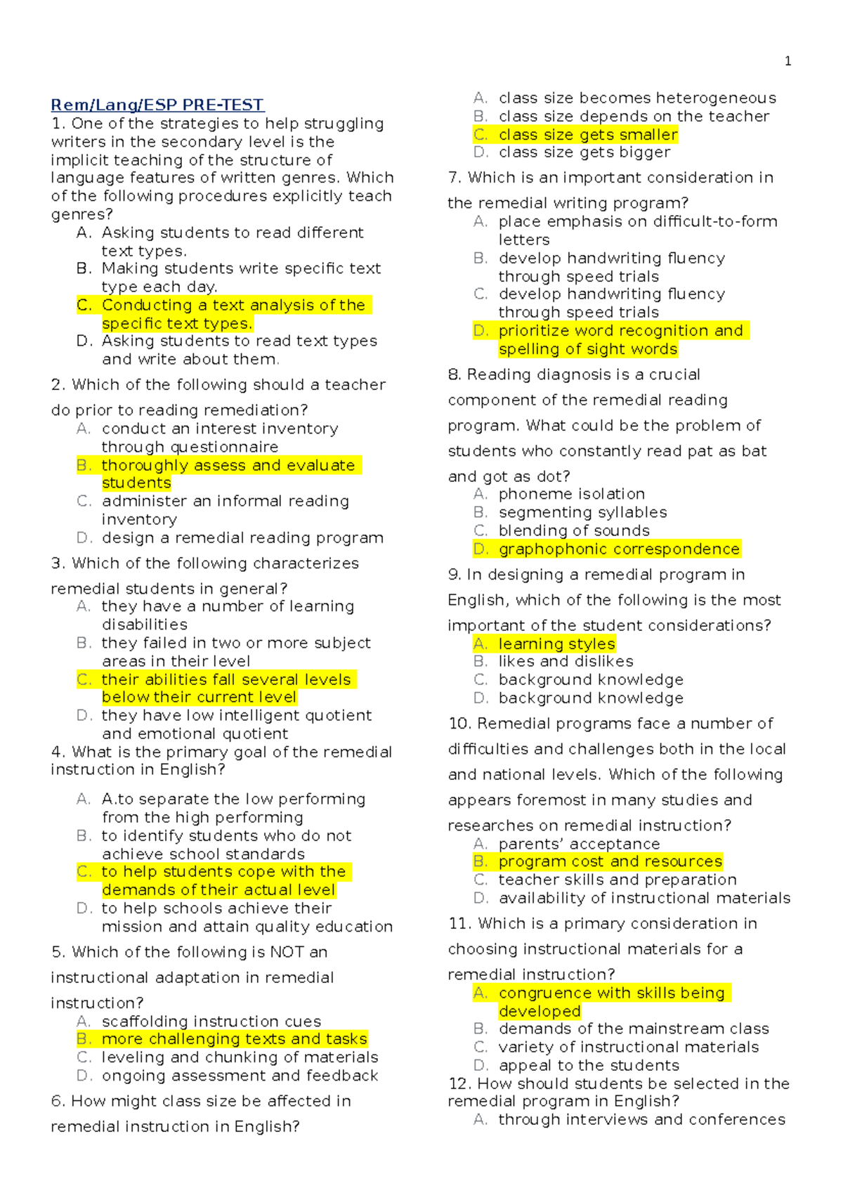 (A) Remedial Instruction ESP Language Curriculum for Secondary Schools