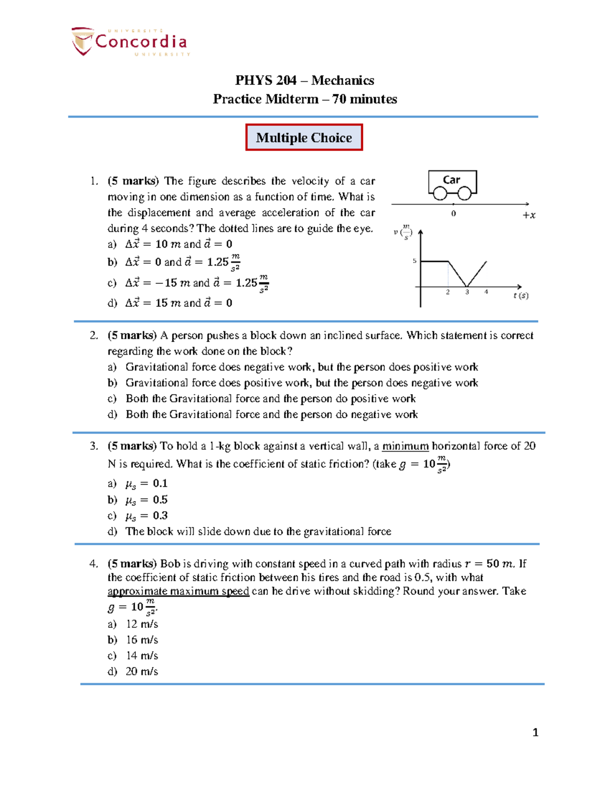 PHYS 204-Practice Midterm - 1 PHYS 204 – Mechanics Practice Midterm ...