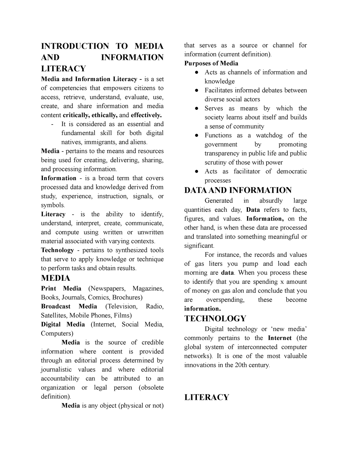 MIL ATR - Notes - INTRODUCTION TO MEDIA AND INFORMATION LITERACY Media ...