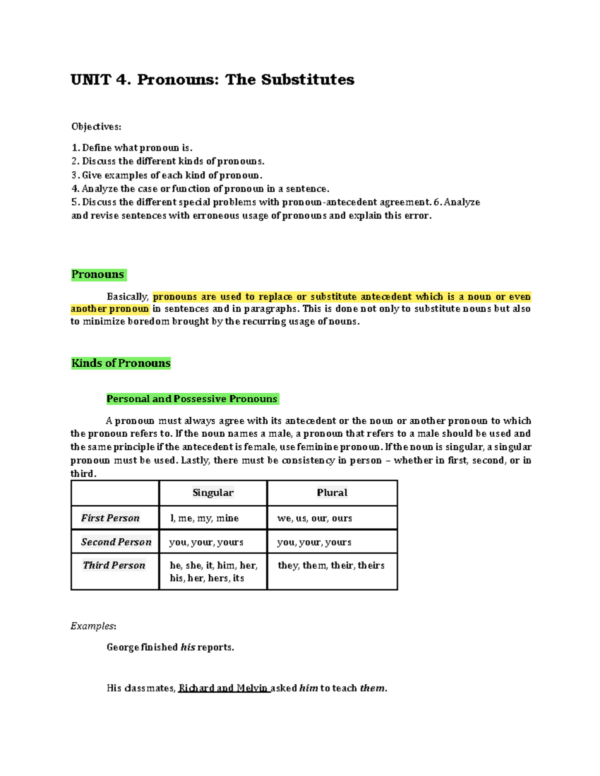 Pronouns: The Substitutes - UNIT 4. Pronouns: The Substitutes ...