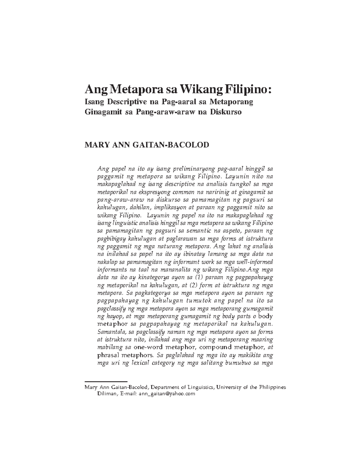 Ang Metapora sa Wikang Filipino - Layunin nito na makapaglahad ng isang ...