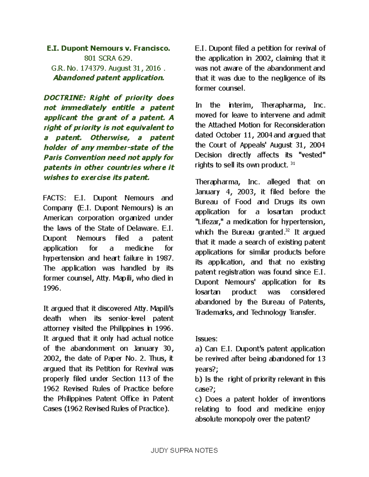 E.I. Dupont Nemours v. Francisco, 2016 (Abandoned patent application