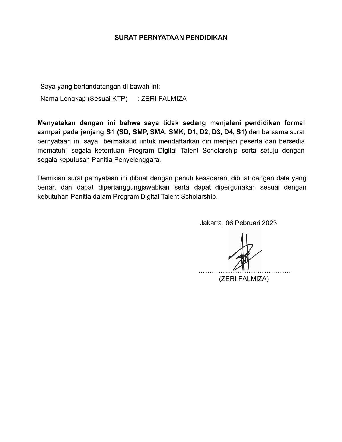 Surat Pernyataan Tidak Menjalani Pendidikan Surat Pernyataan Pendidikan Saya Yang