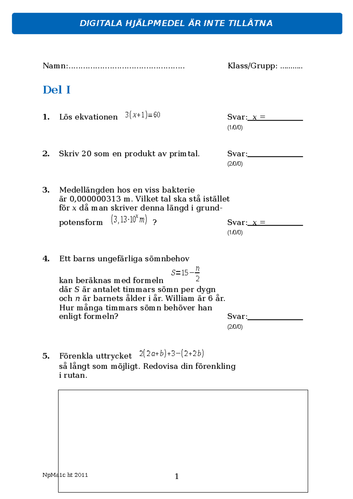 Provhäfte Del 1, Nationella Prov - Namn