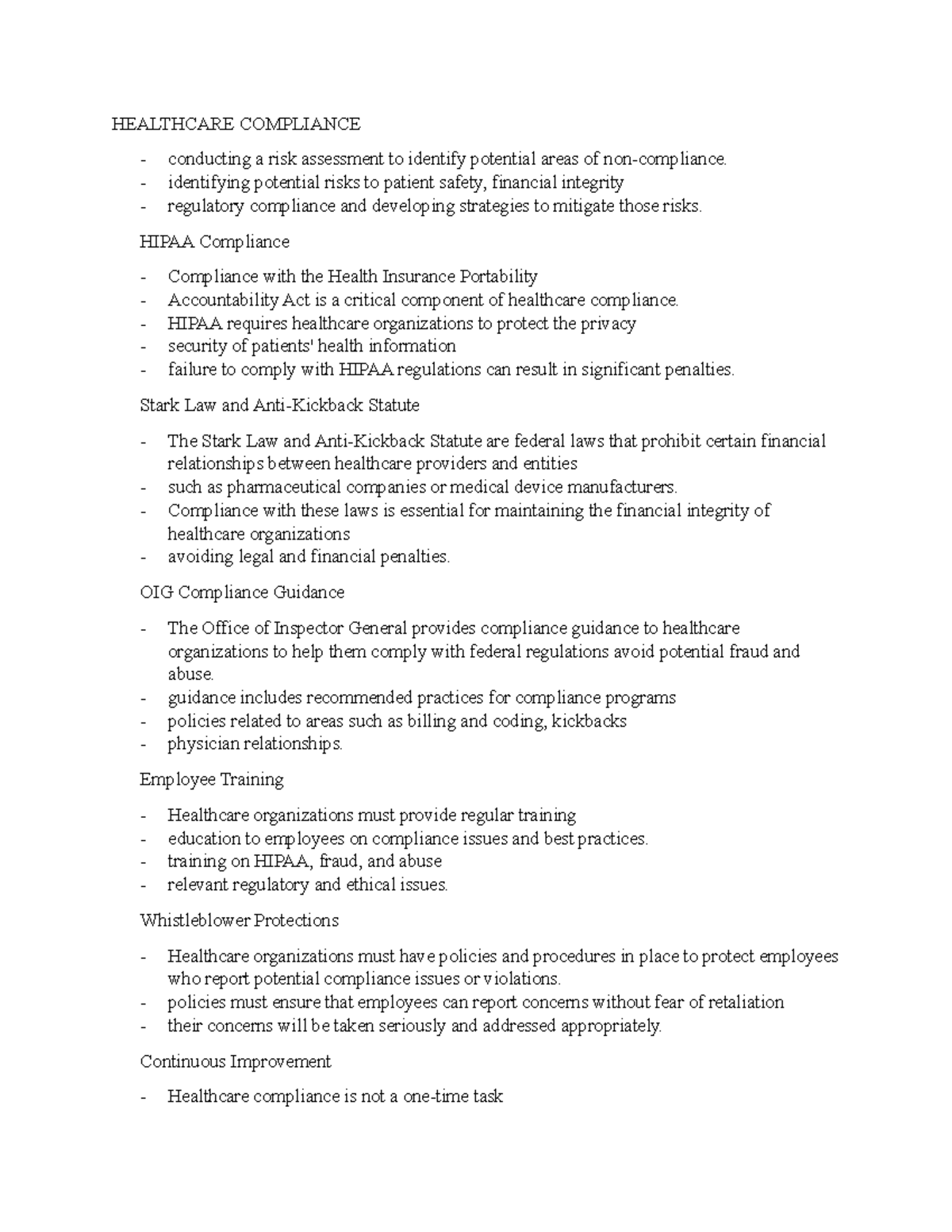 Healthcare Compliance Notes 2 - HEALTHCARE COMPLIANCE conducting a risk ...
