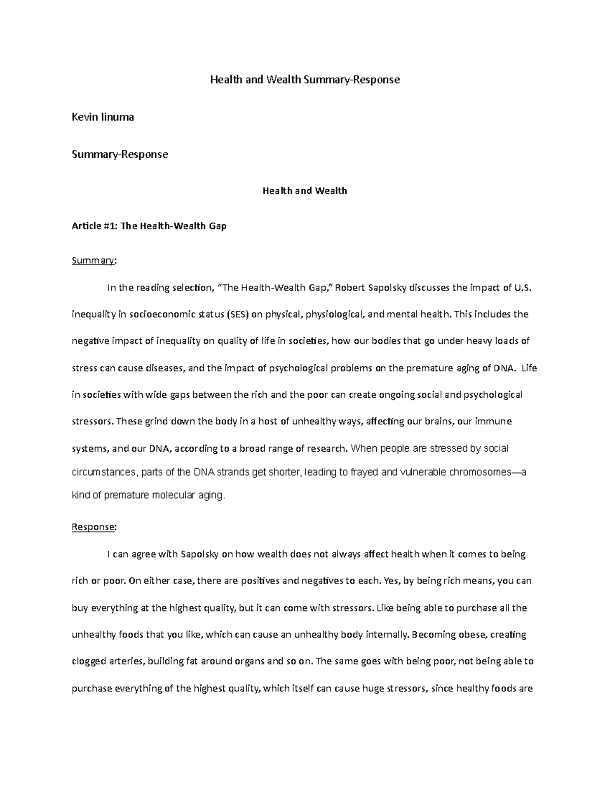 Health and Wealth SummaryResponse inequality in socioeconomic status (SES) on physical, Studocu