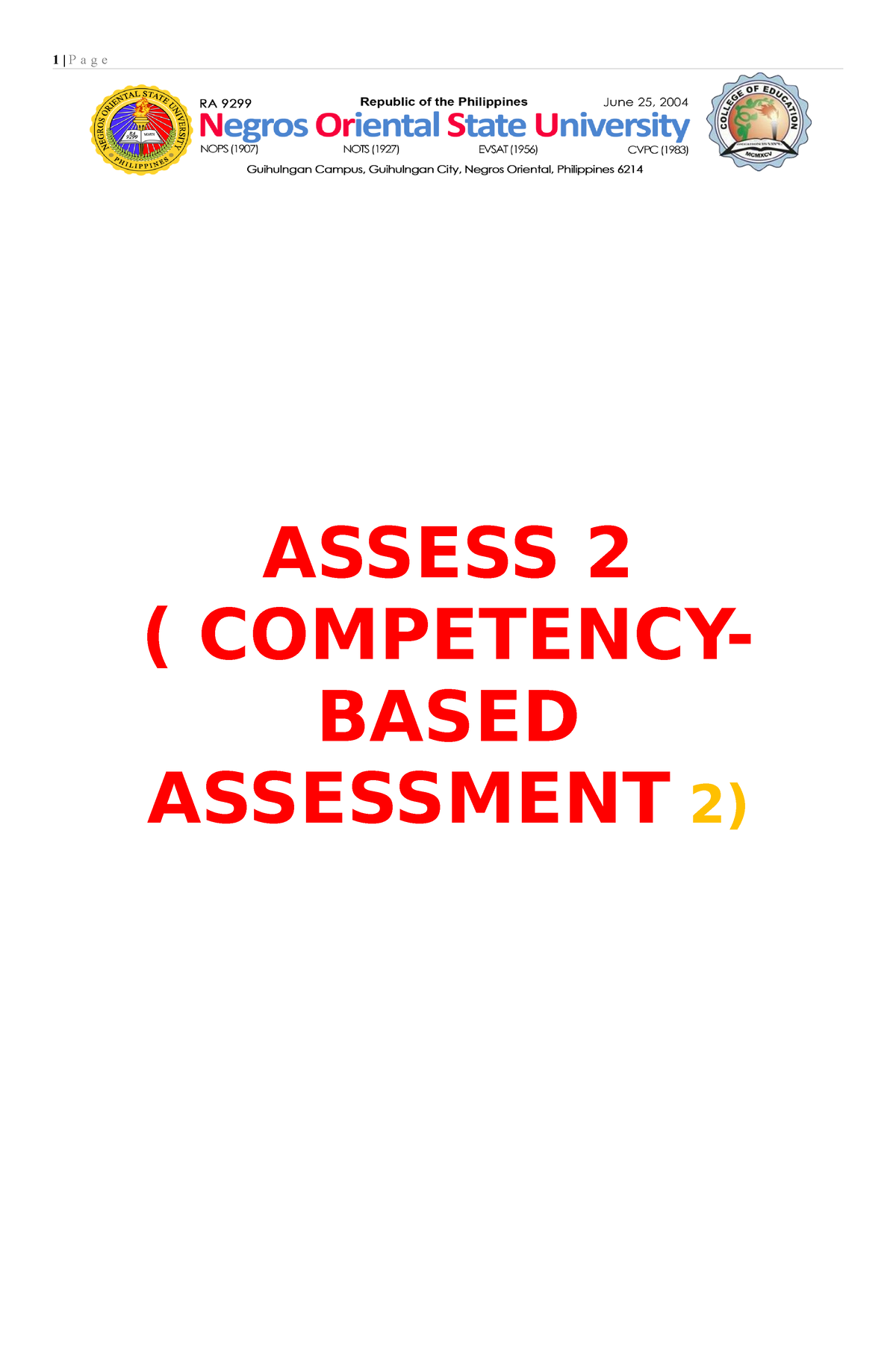 BSED Assess 2 Mathematics - ASSESS 2 ( COMPETENCY- BASED ASSESSMENT 2 ...