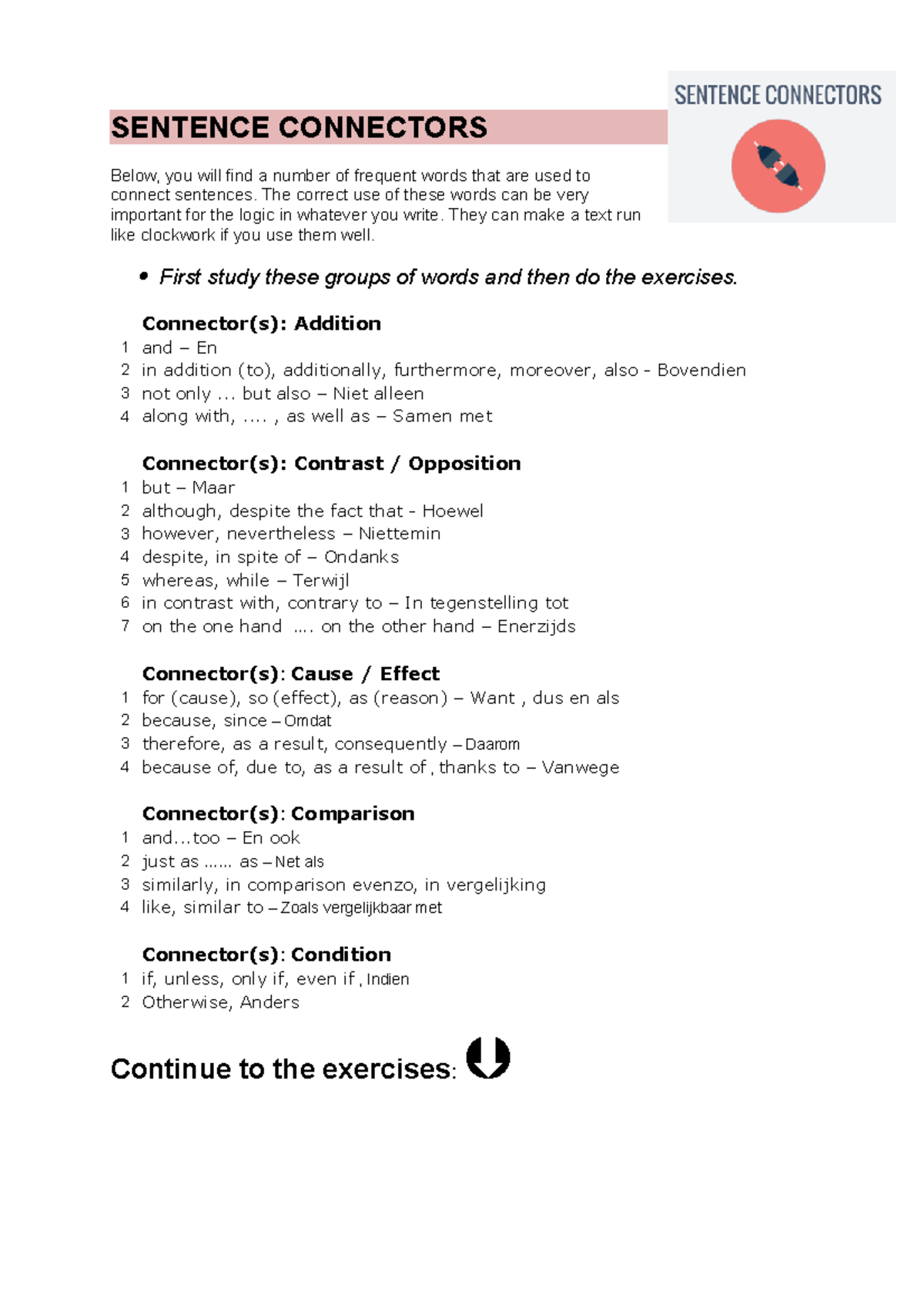 Sentence Connectors 2018 SENTENCE CONNECTORS Below, you will find a