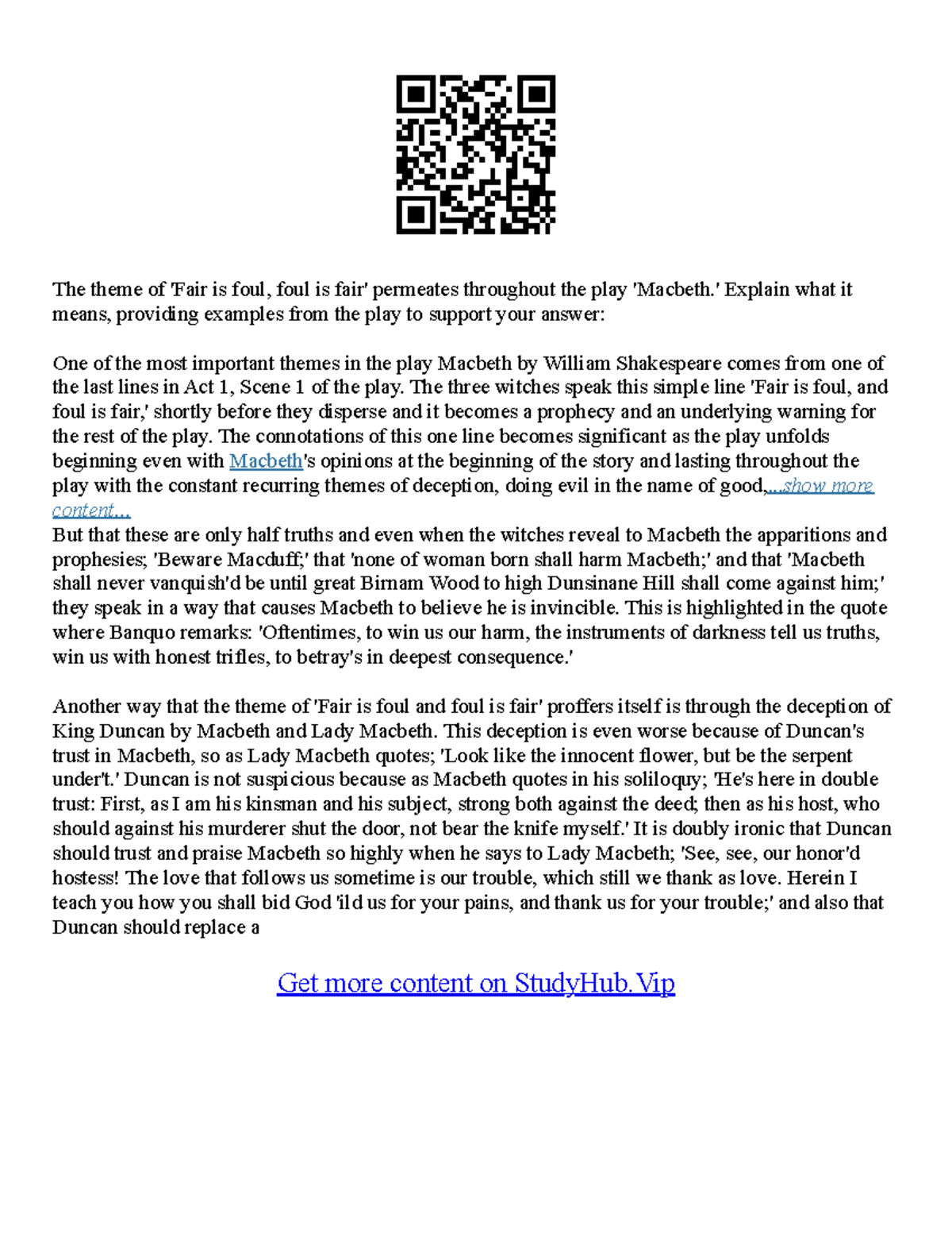 Macbeth Fair Is Foul And Foul Is Fair Essay - The theme of 'Fair is ...