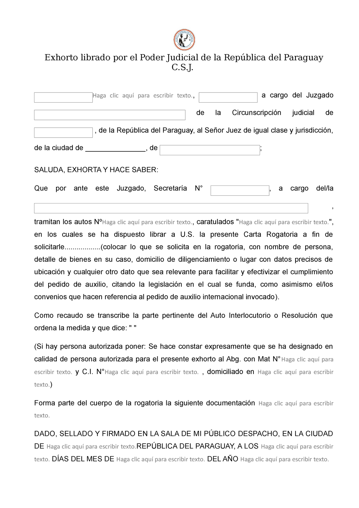 ID1-932 modelo de exhorto dai csj - Exhorto librado por el Poder Judicial  de la República del - Studocu