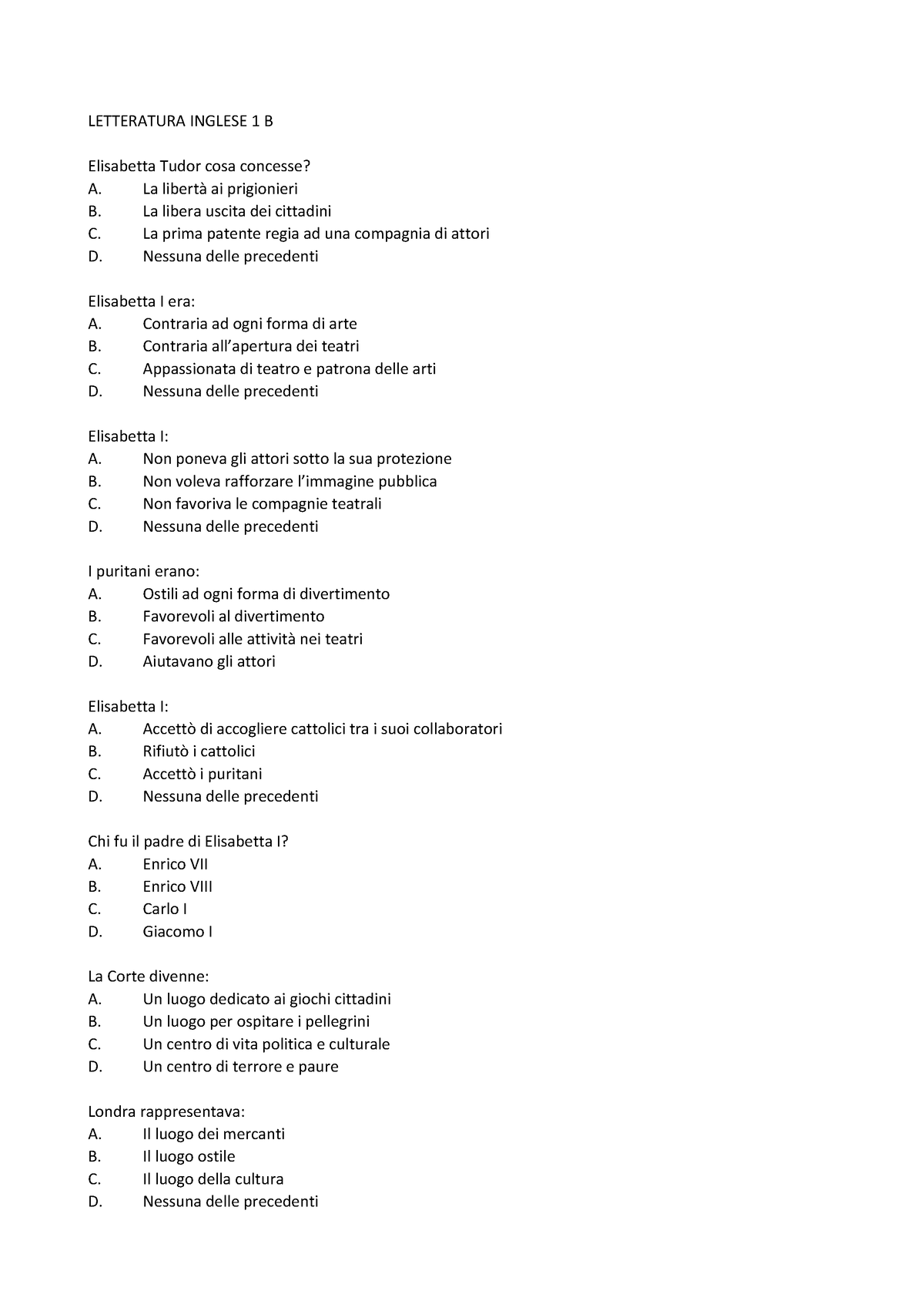 Letteratura Inglese 1 B - SET DI Domande - LETTERATURA INGLESE 1 B ...