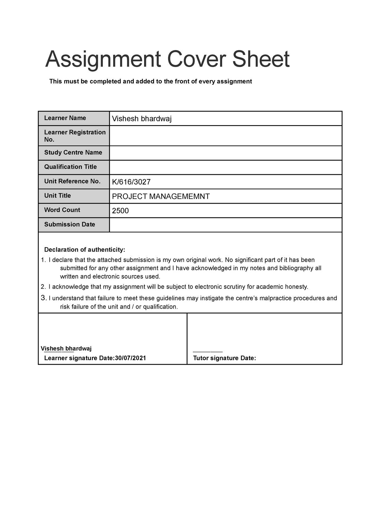 Project Management - assignemt for othm lev 5 - Assignment Cover Sheet ...