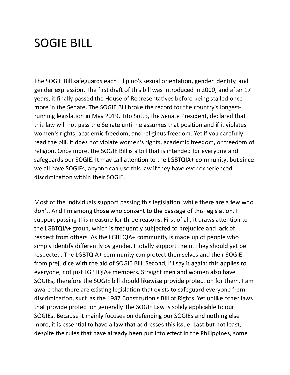 Sogie Bill Position Paper - SOGIE BILL The SOGIE Bill Safeguards Each ...