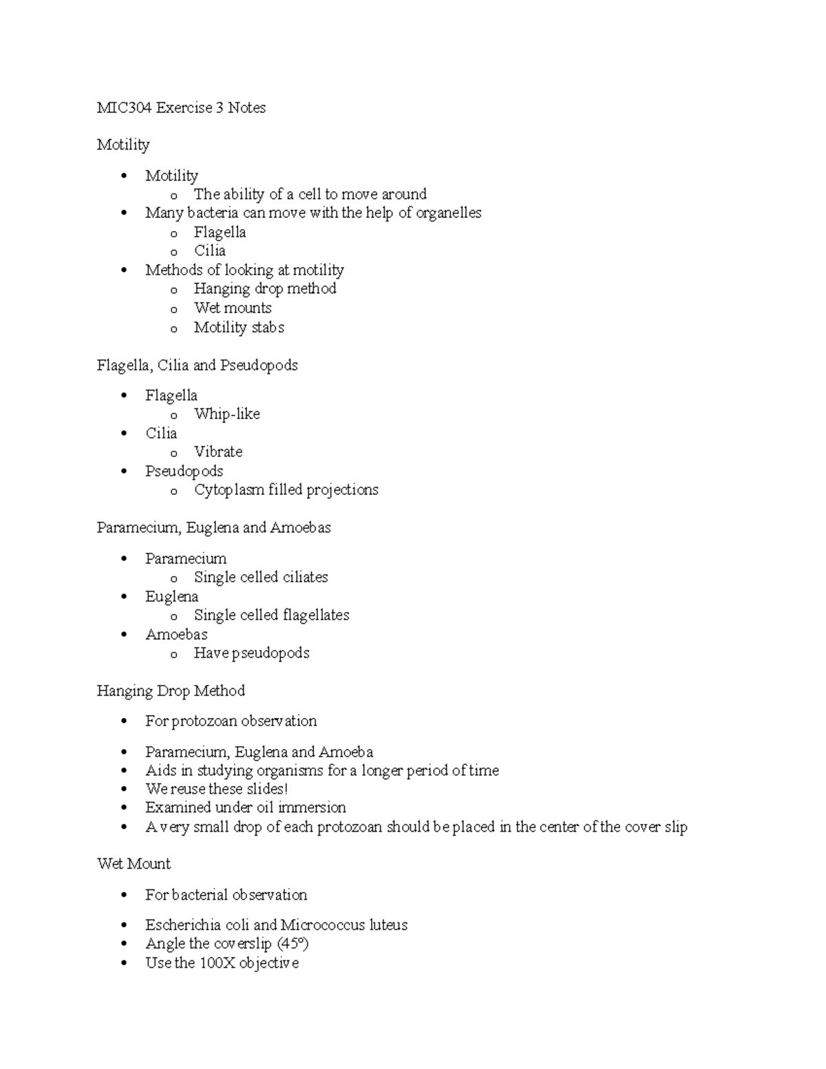 MIC304 Exercise 3 Notes - MIC304 Exercise 3 Notes Motility Motility o ...