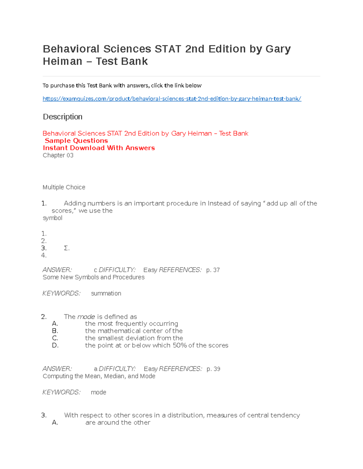 Behavioral Sciences STAT 2nd Edition by Gary Heiman test - ANSWER: c ...