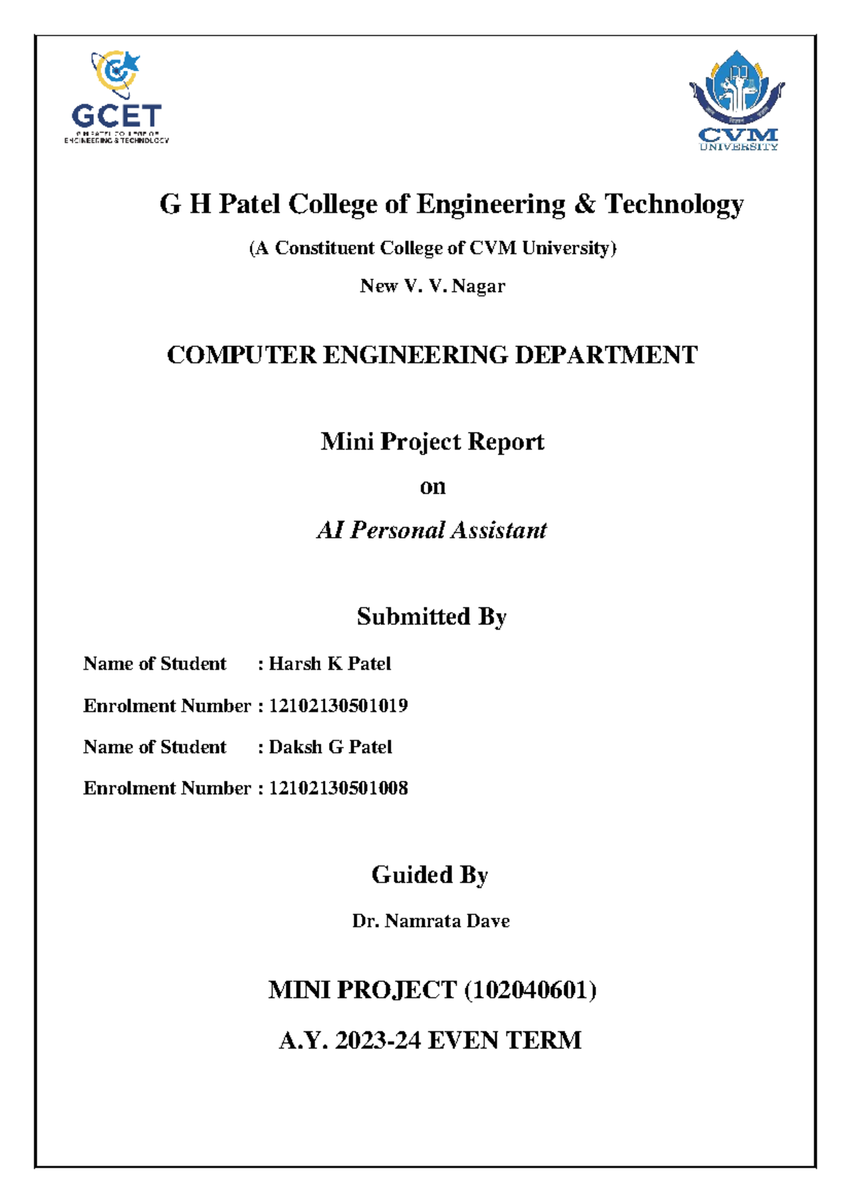 Final report mini project 19 8 - G H Patel College of Engineering ...