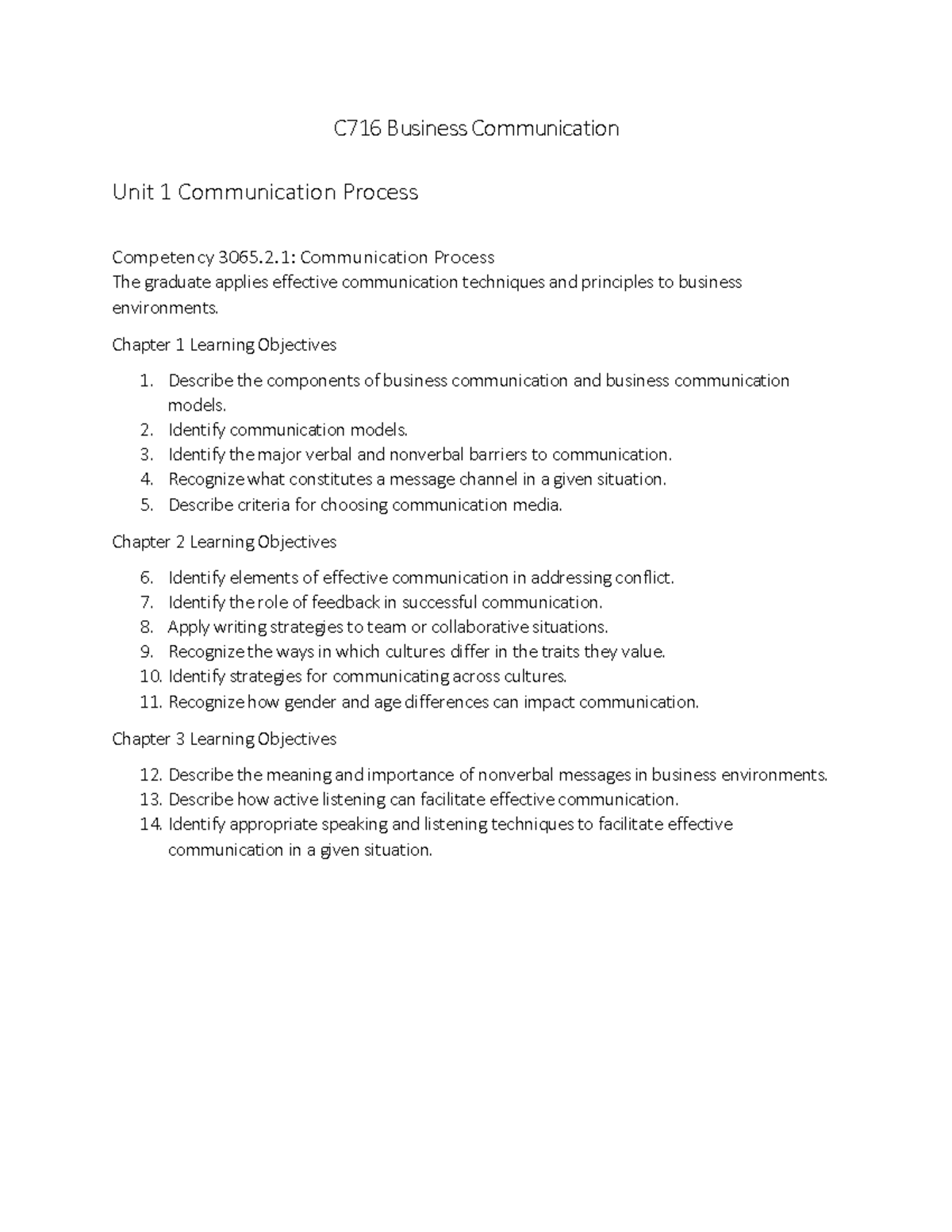 C716 Business Communication Unit 1 Competency And Objectives - C716 ...