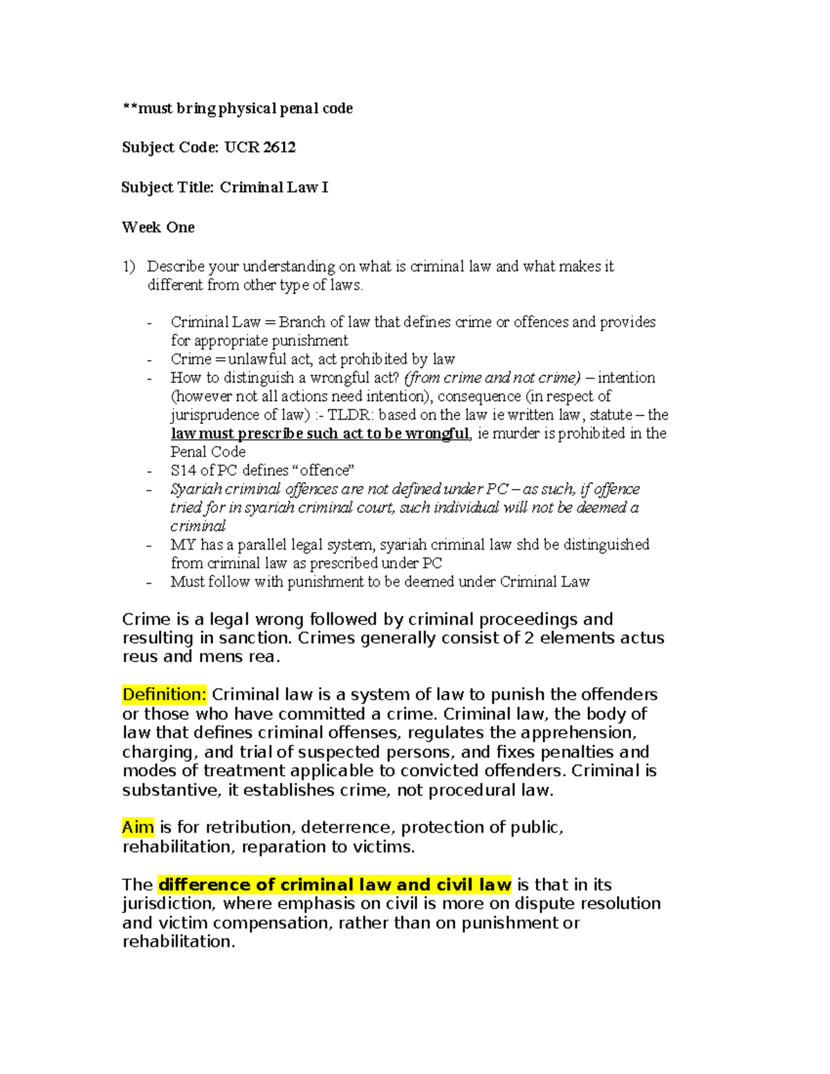 UCR Tutorial Questions - Week 1 - **must bring physical penal code ...