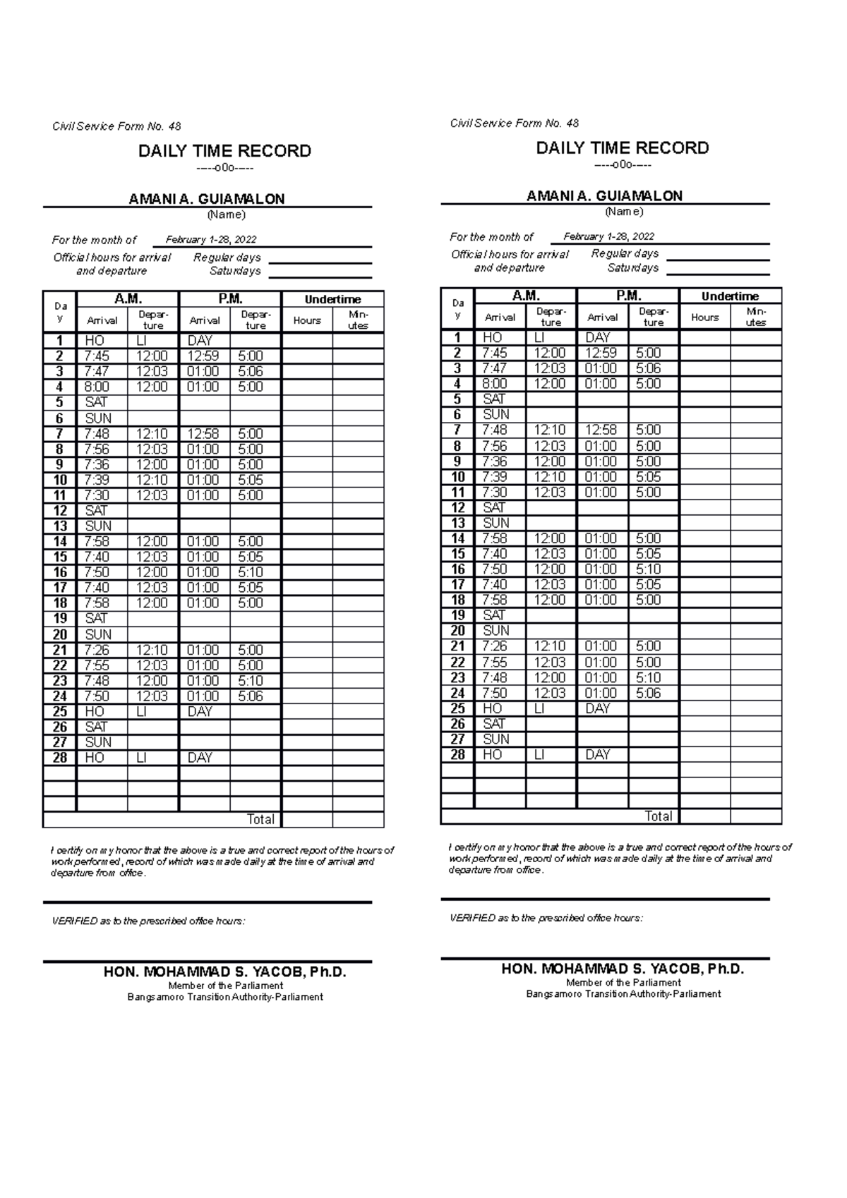 A - N/a Anna Manalastas for this - Civil Service Form No. 48 DAILY TIME ...