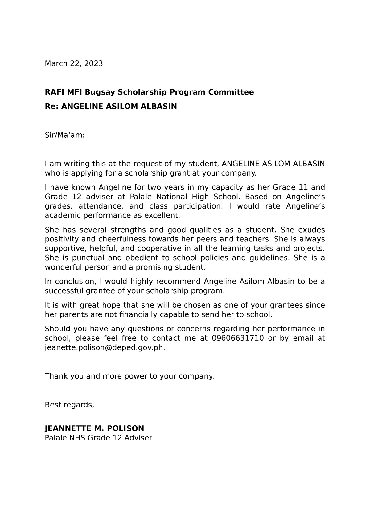 Recommendation letter - March 22, 2023 RAFI MFI Bugsay Scholarship ...