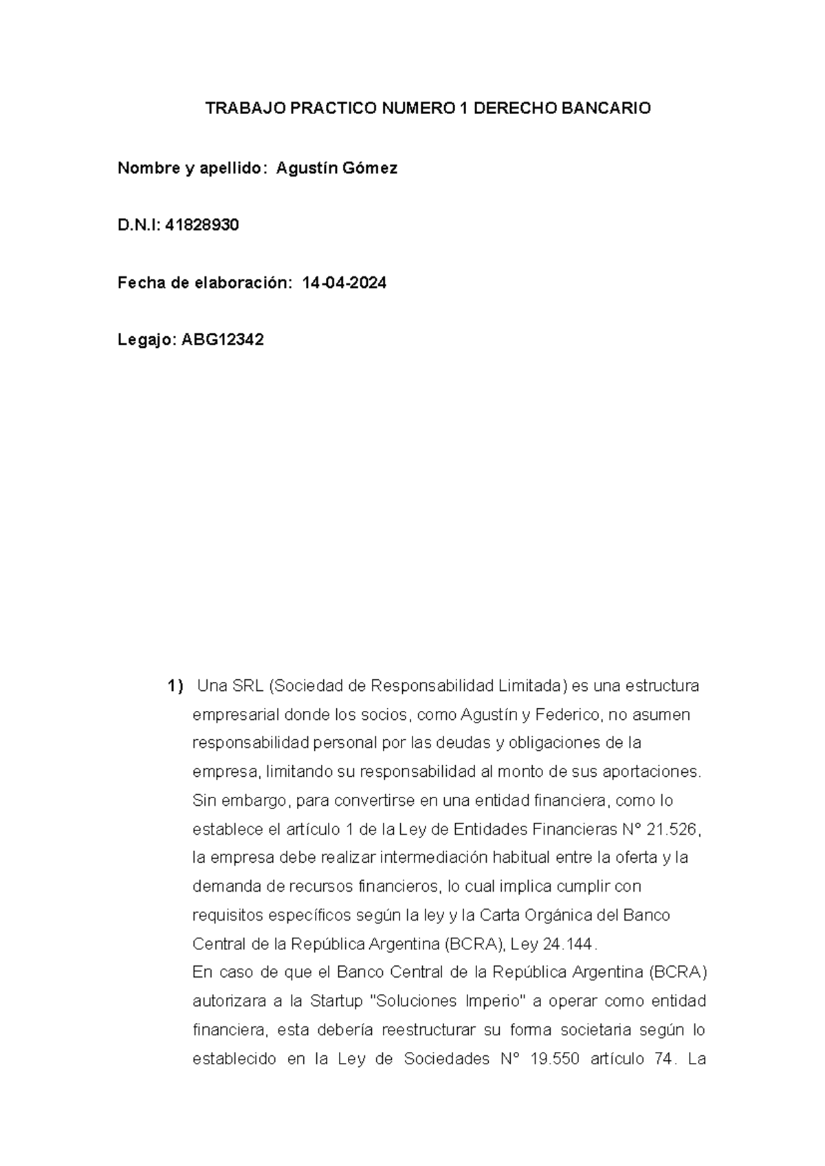 Tp 1 Derecho Bancario Trabajo Practico Numero 1 Derecho Bancario Nombre Y Apellido Agustín 8207