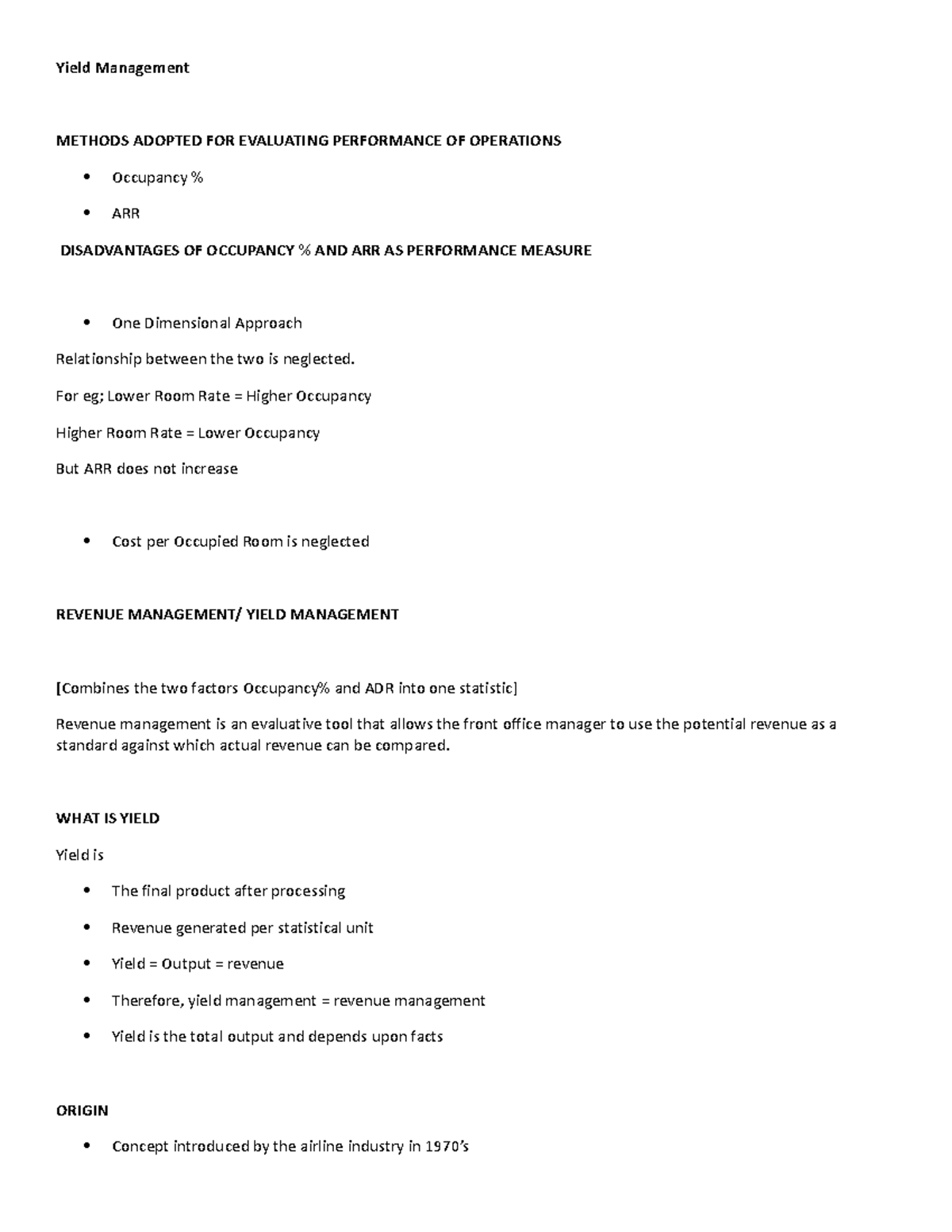 Yield Mgmt - Lecture - Yield Management METHODS ADOPTED FOR EVALUATING ...