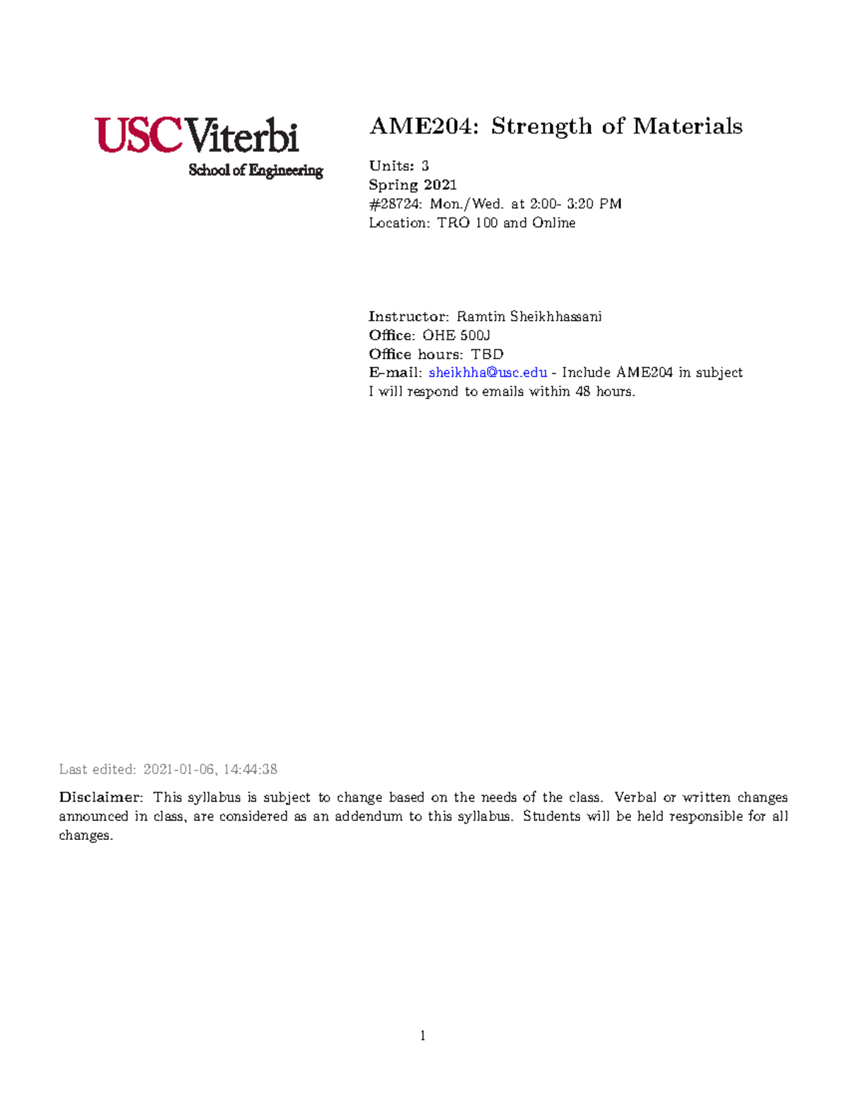 Syllabus - AME204: Strength of Materials Units: 3 Spring 2021 #28724 ...