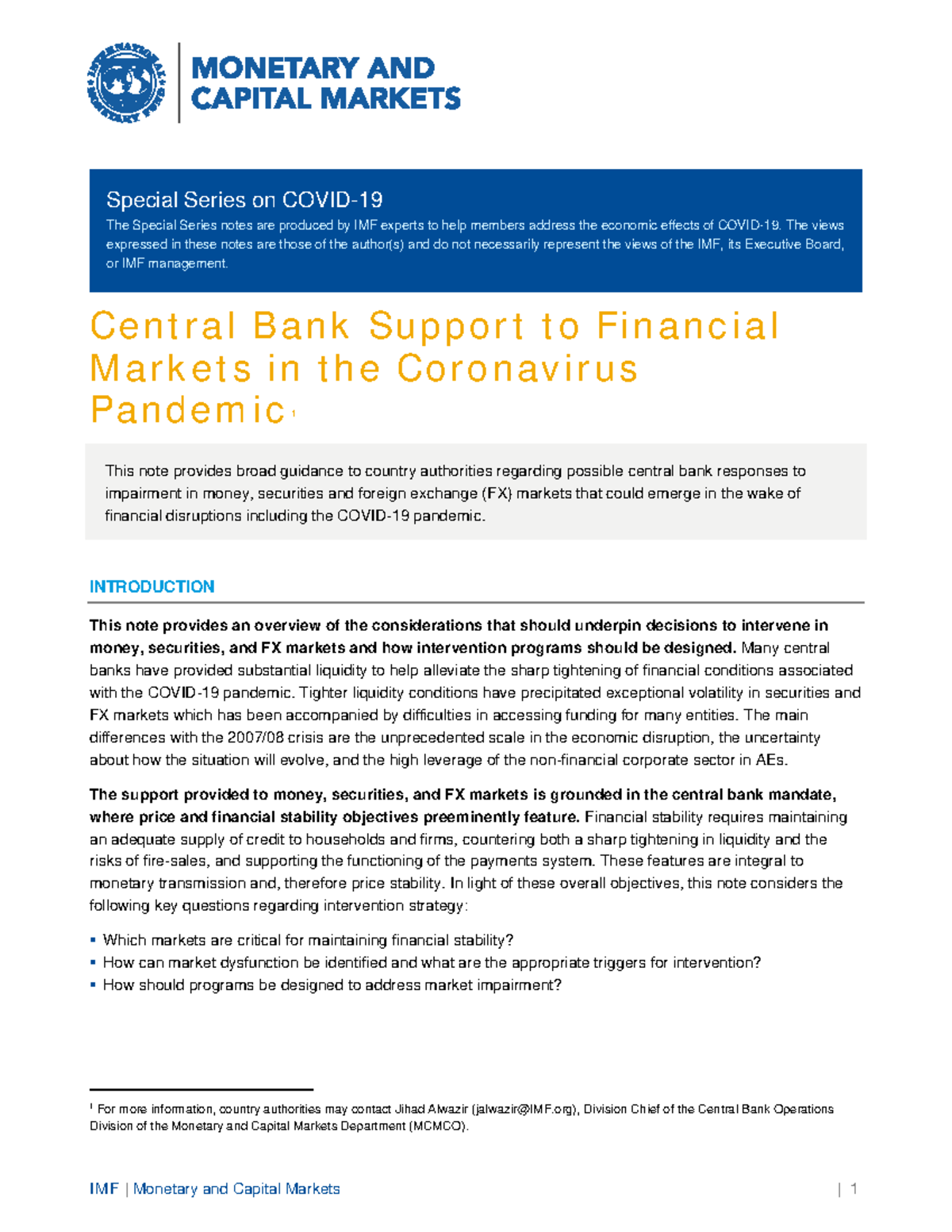 En special series on covid 19 central bank support to financial markets ...