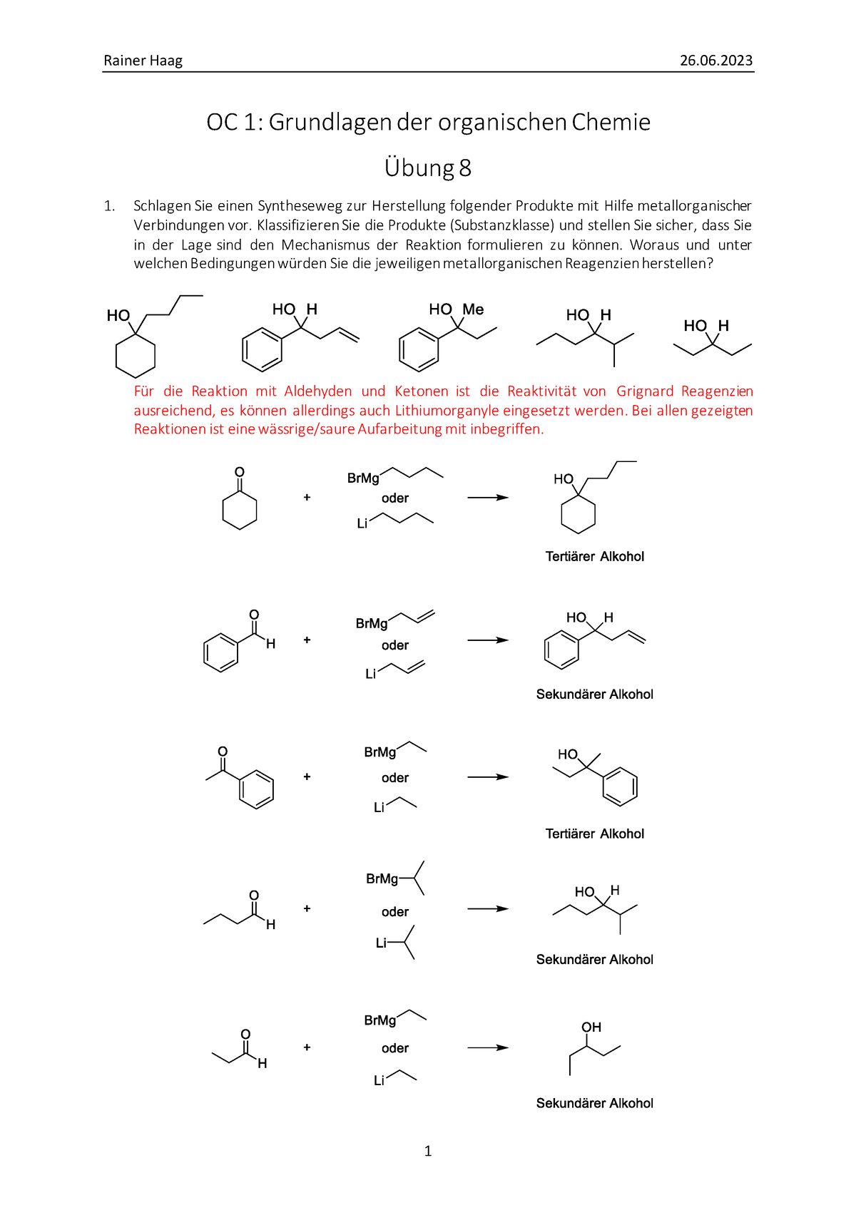 Übung 8 OC1 So Se 2023 Musterlösung - Organische Chemie I: Grundlagen ...