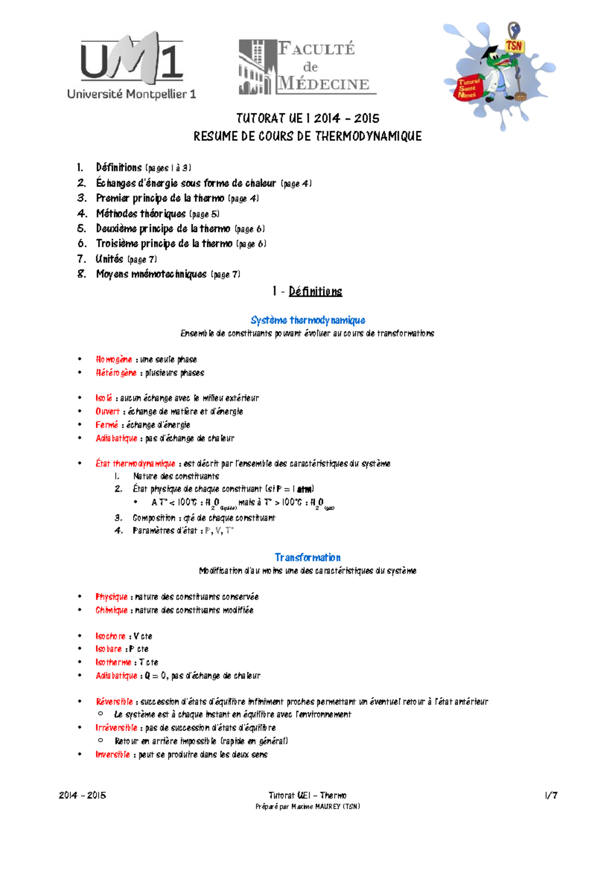 Resumé-thermodynamique-1 - TUTORAT UE 1 2014 – 2015 RESUME DE COURS DE ...