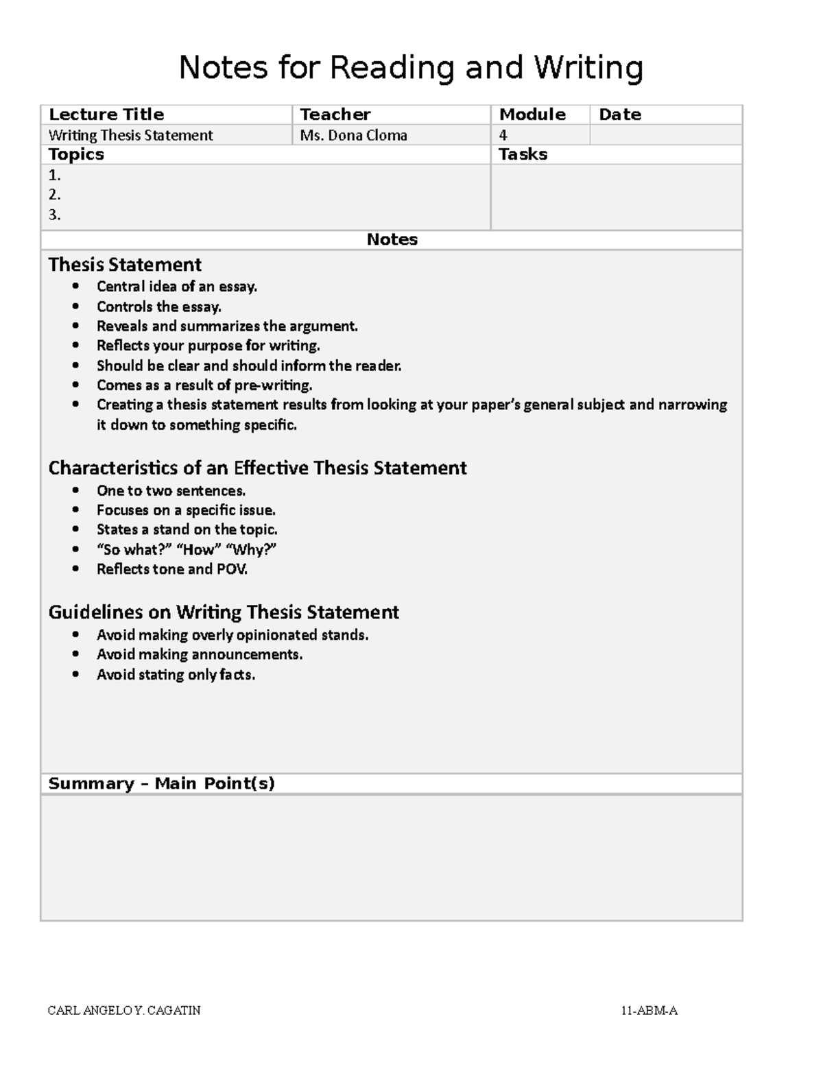 WritingThesisStatement Notes for Reading and Writing Lecture Title