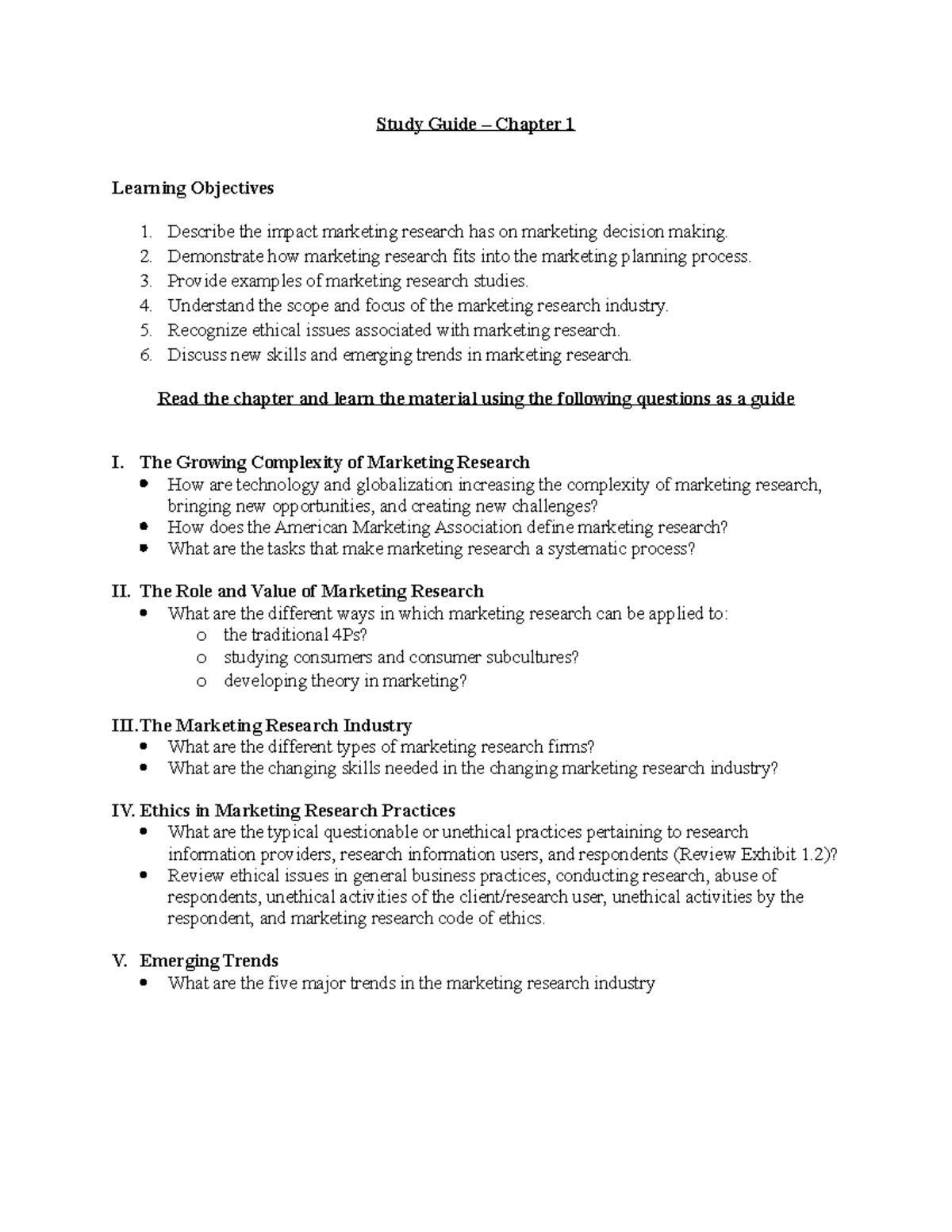 Chapter 1 Study Guide - Study Guide – Chapter 1 Learning Objectives ...