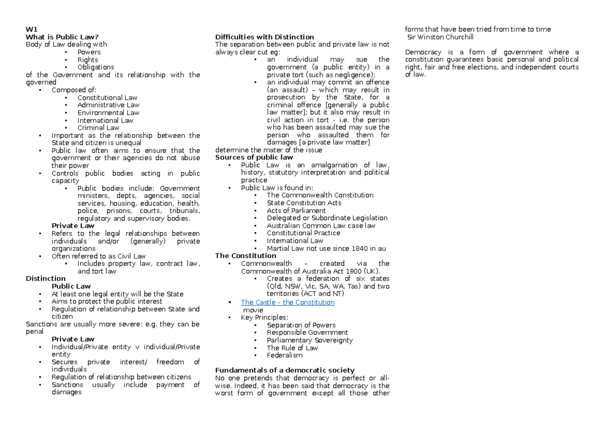 W1 Notes W What Is Public Law Body Of Law Dealing With Powers 