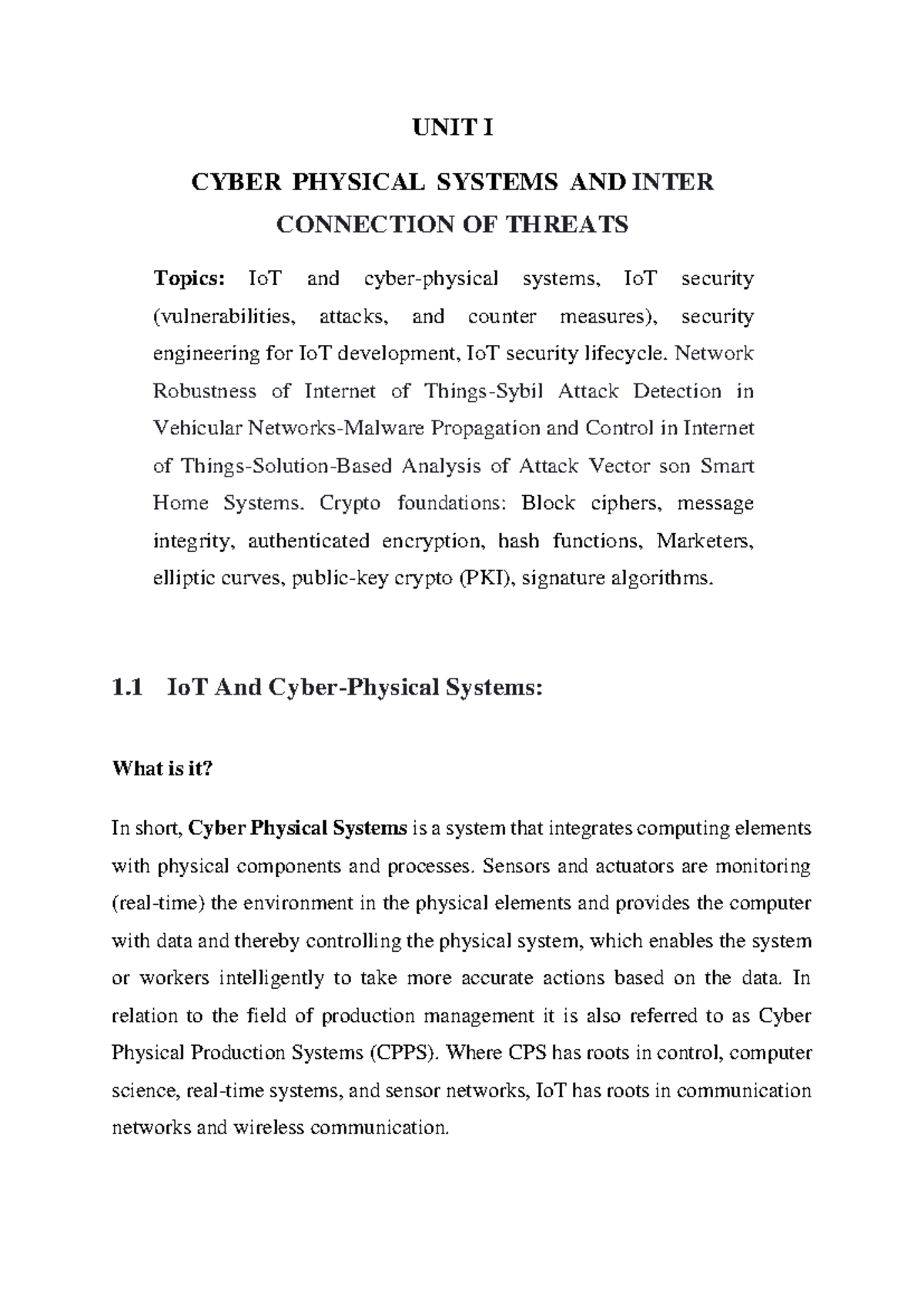 Privacy and Security for IoT Unit 1 Material - UNIT I CYBER PHYSICAL ...