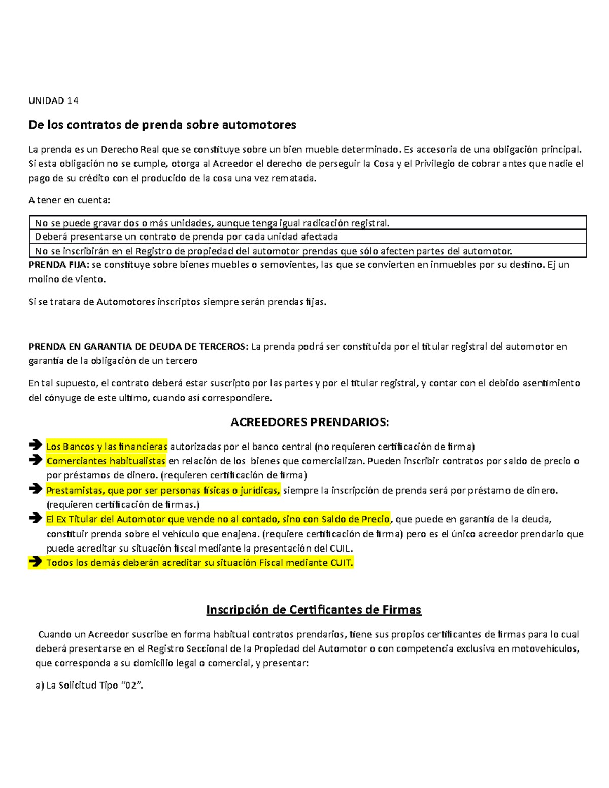 Unidad 14 Prenda UNIDAD 14 De los contratos de prenda sobre