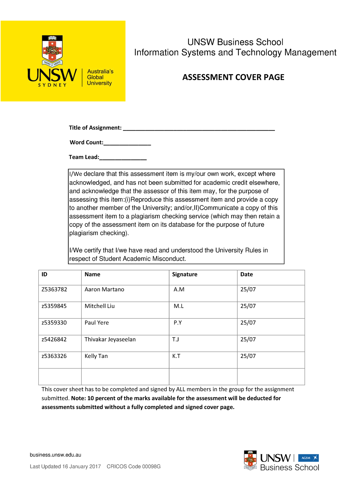 unsw assignment cover sheet engineering