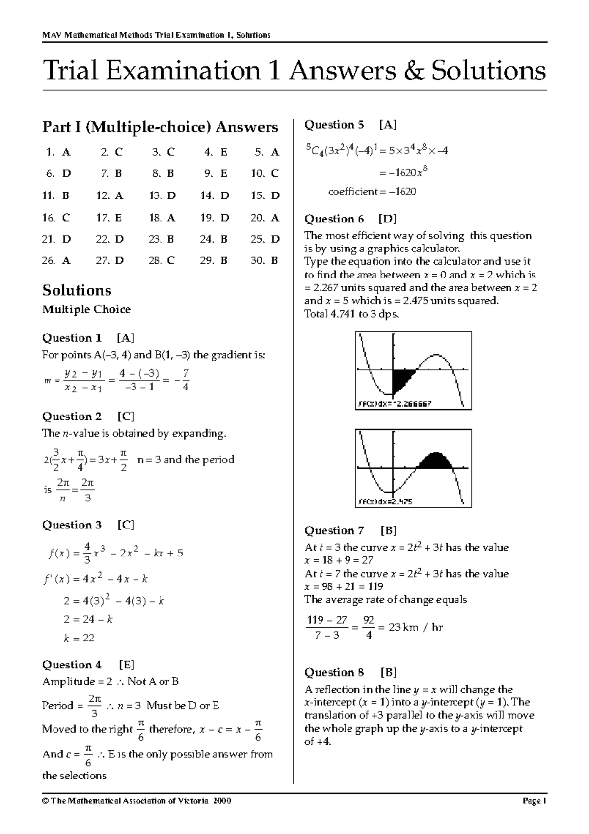 [Methods] 2000 MAV Exam 1 Solutions - Part I (Multiple-choice) Answers ...