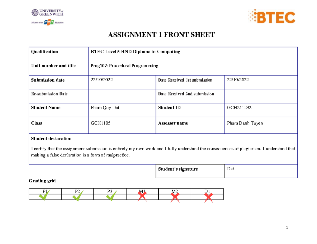 Programing C - ASSIGNMENT 1 FRONT SHEET Qualification BTEC Level 5 HND ...