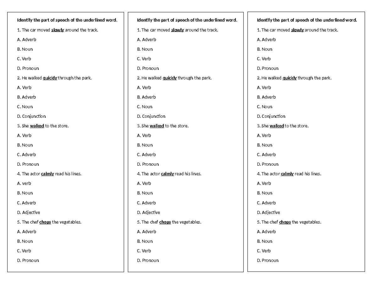 8 Parts OF Speech QUIZ - A DRAFT - Identify the part of speech of the ...