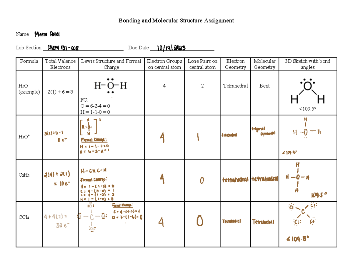 Bonding and Molecular Structure Assignment Fall - Bonding and Molecular ...