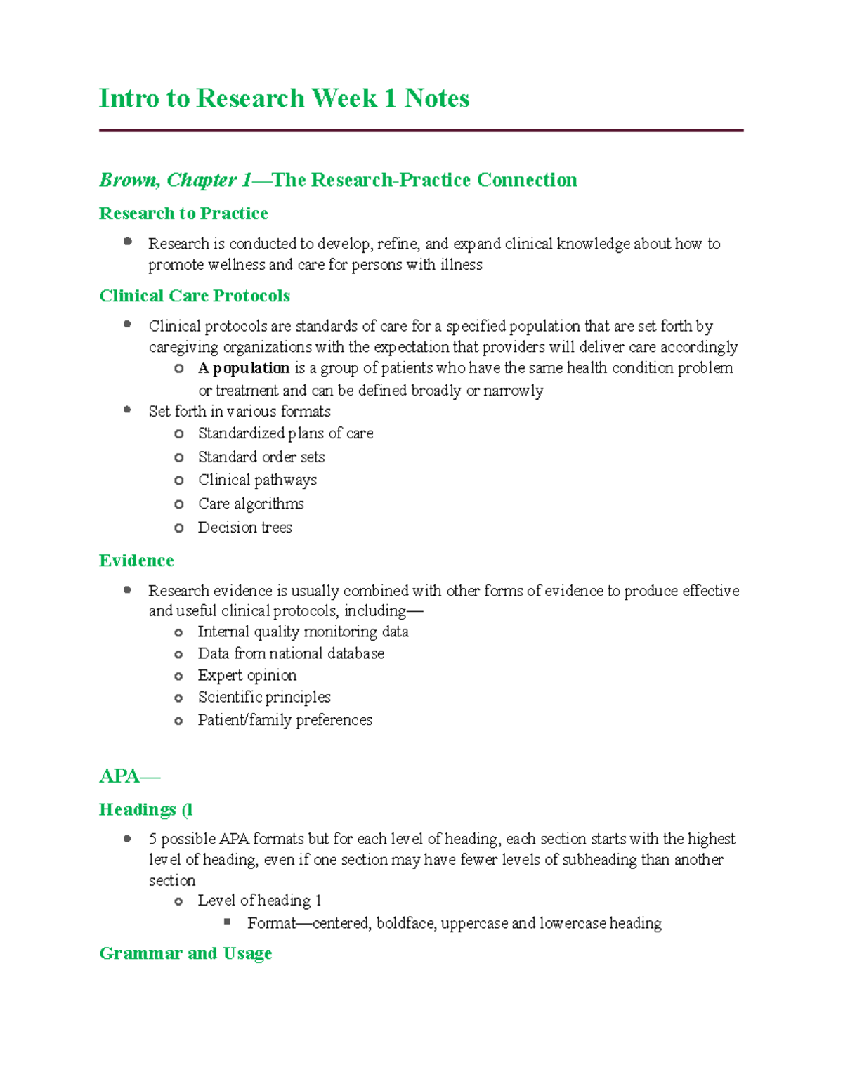 Intro to Research Week 1 Notes - Intro to Research Week 1 Notes Brown ...