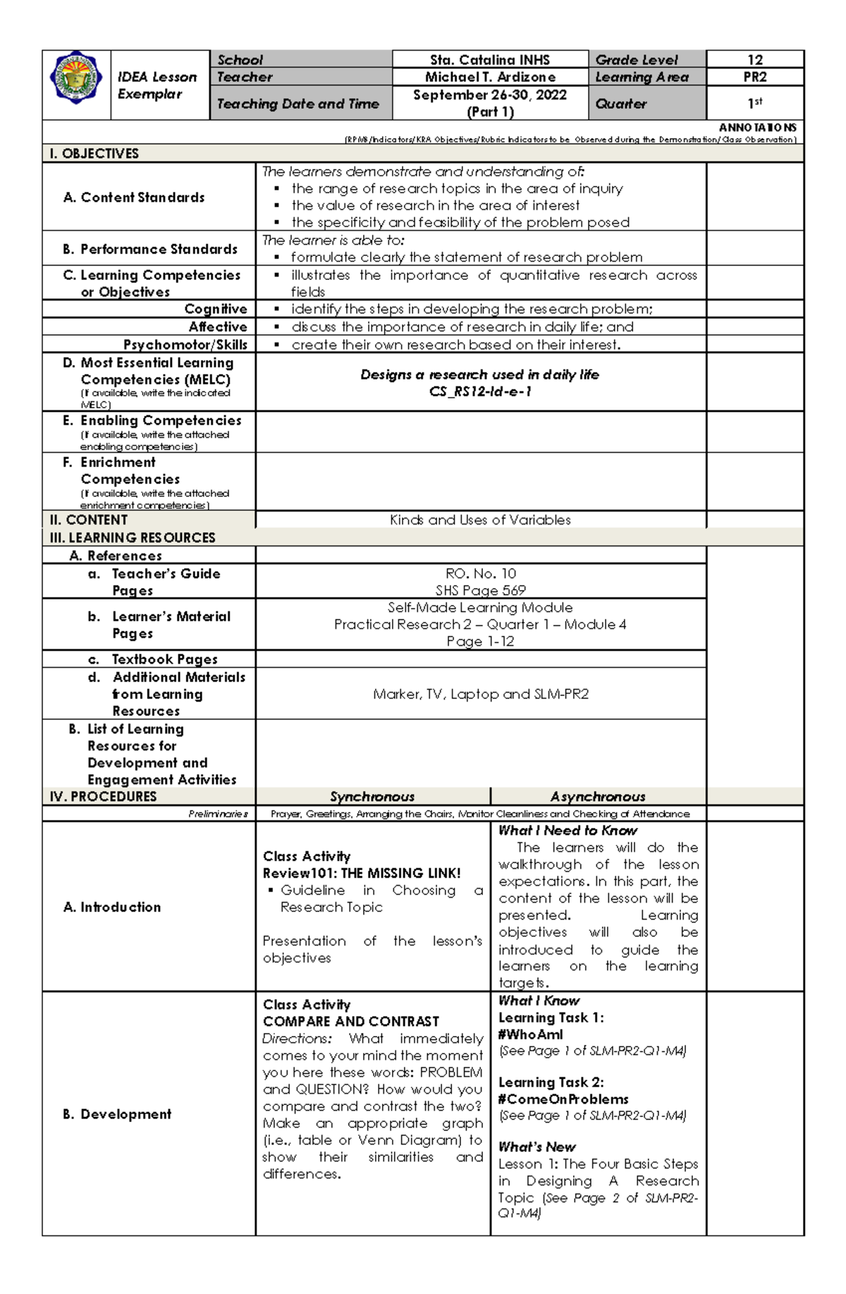 Week 6 - Practical Research 2 - IDEA Lesson Exemplar School Sta ...