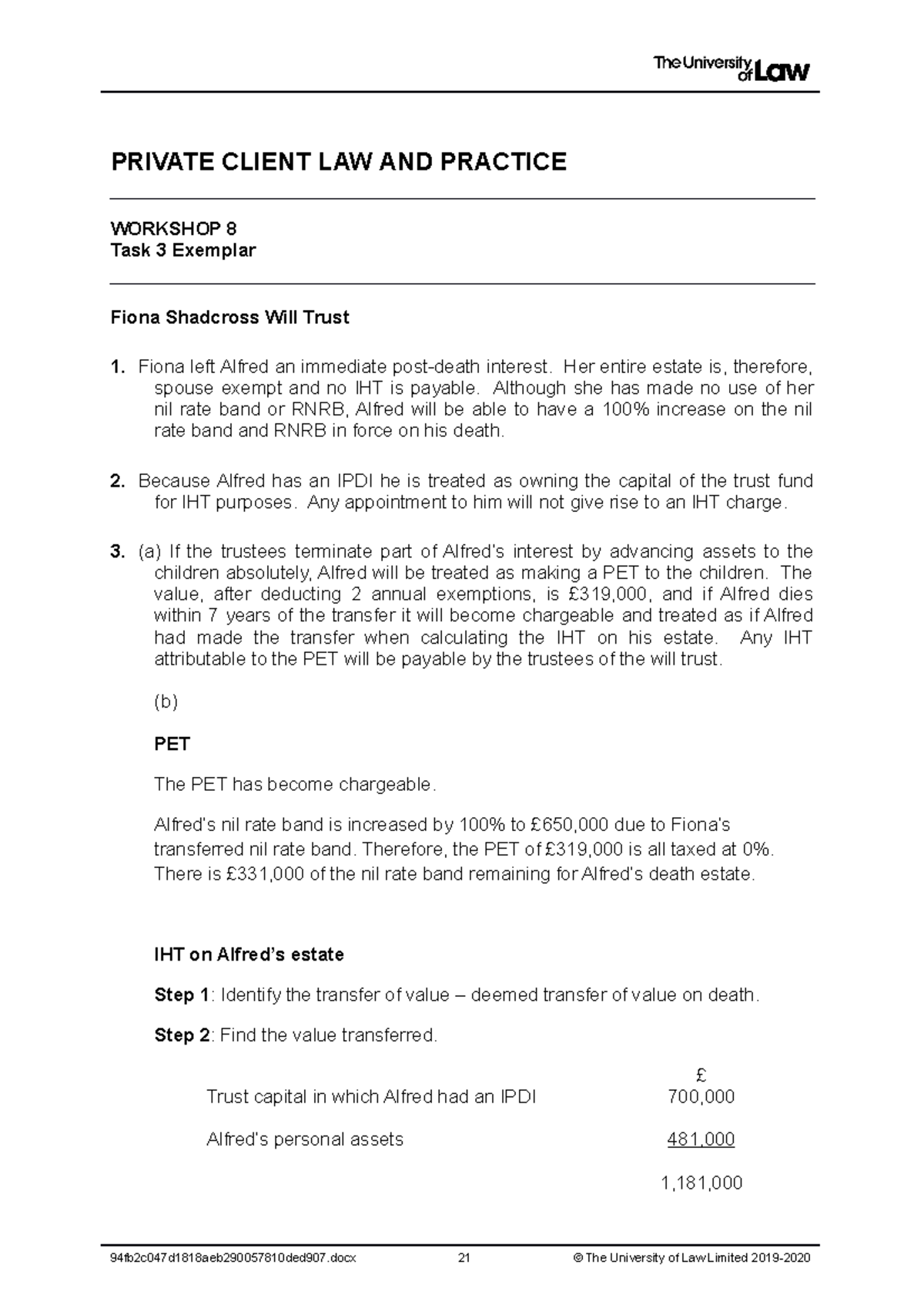 1920 priv ws08 ce02 task 03 exemplar t - PRIVATE CLIENT LAW AND ...