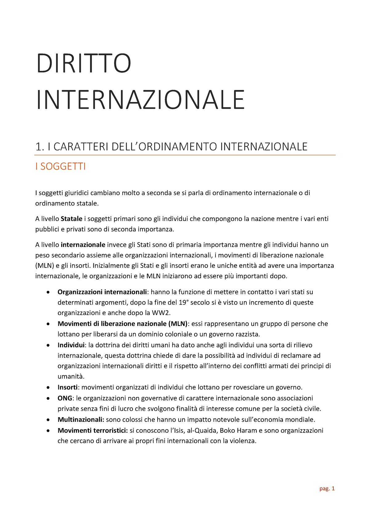 Diritto Internazionale Appunti - DIRITTO INTERNAZIONALE 1. I CARATTERI ...