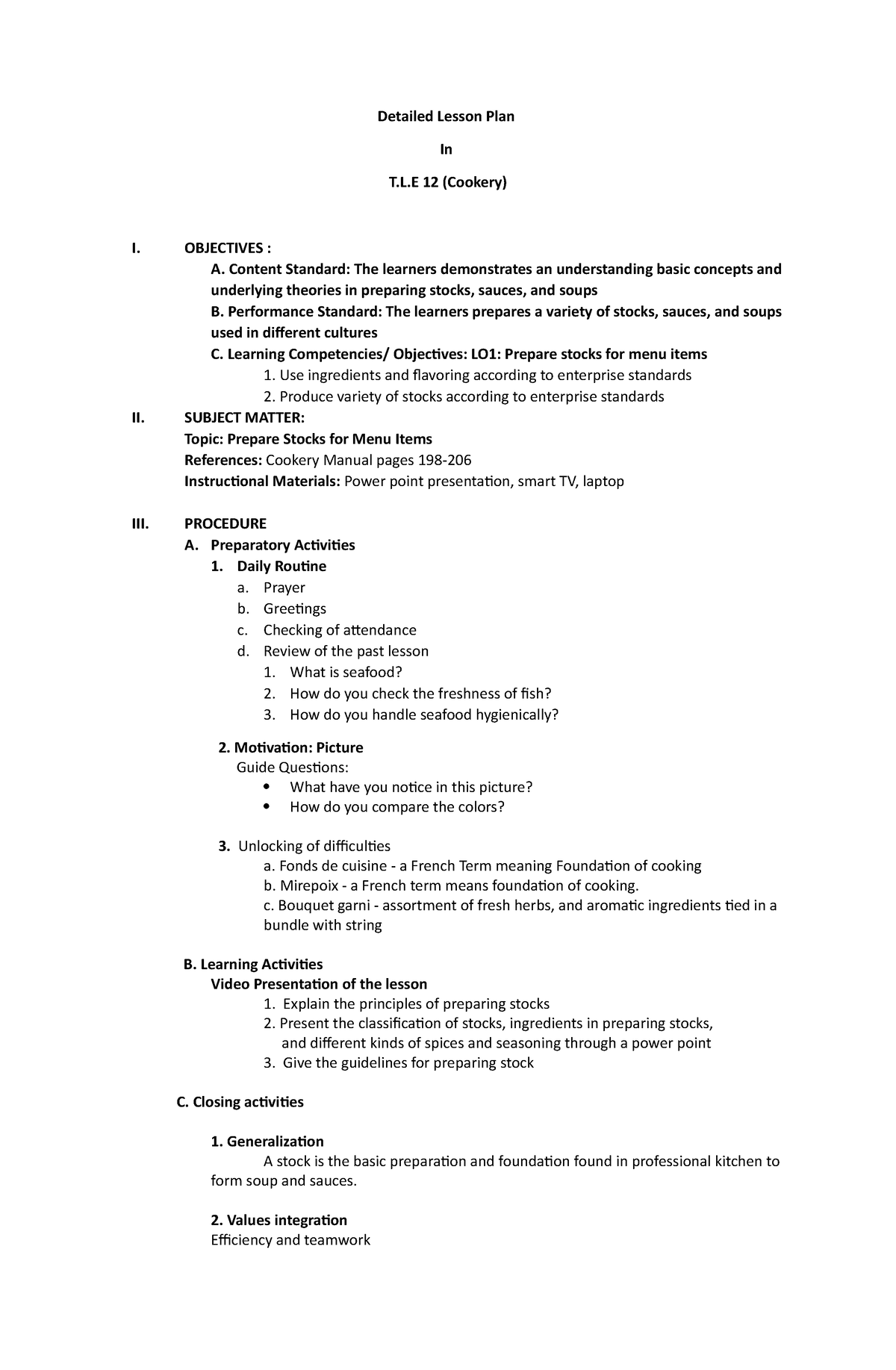 Example Of Detailed Lesson Plan In Tle Cookery